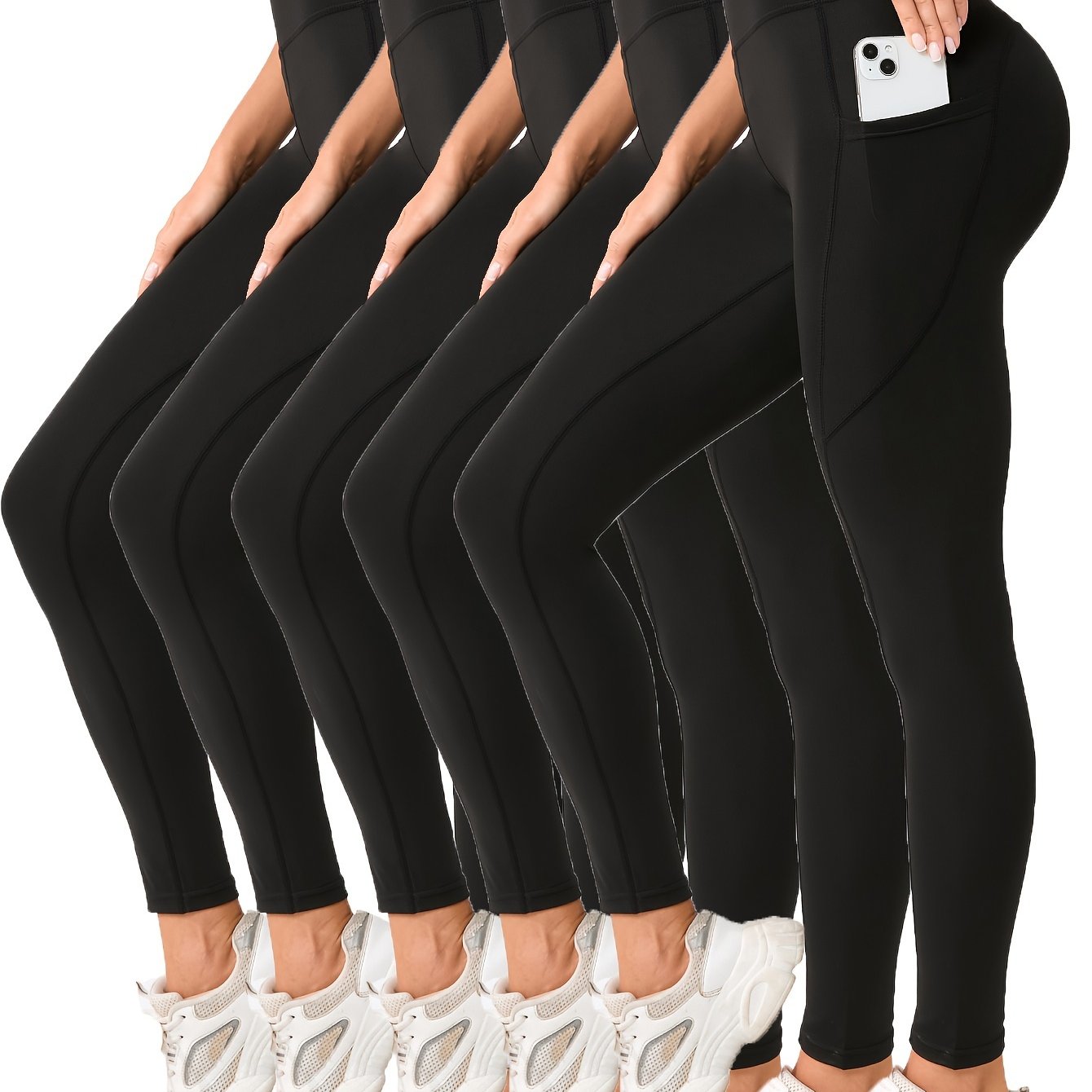 Image of Five-pack High-waisted Yoga Pants - Ultra-comfortable, Tight-fitting, High-elasticity With Pockets, -lifting, Solid Black, Mature Style, Wear