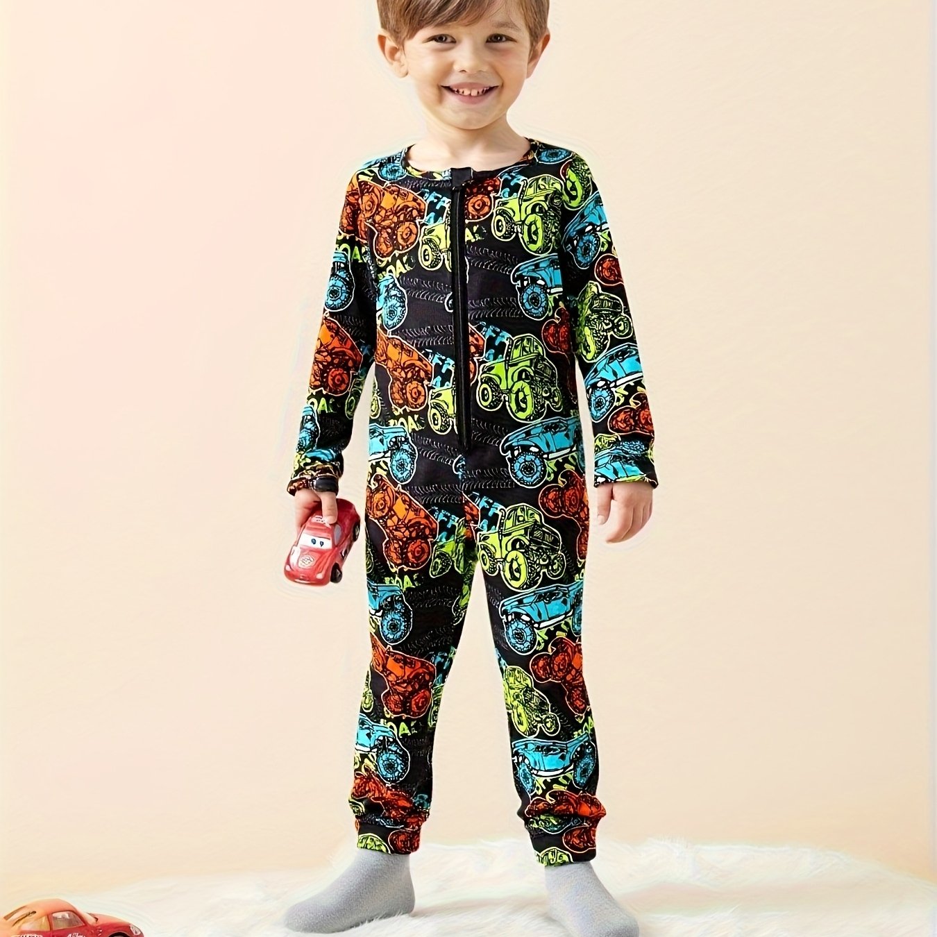 Boys' Slim-fit Colorful Long-sleeve Double-zippered Romper - Absorbs During , At Night