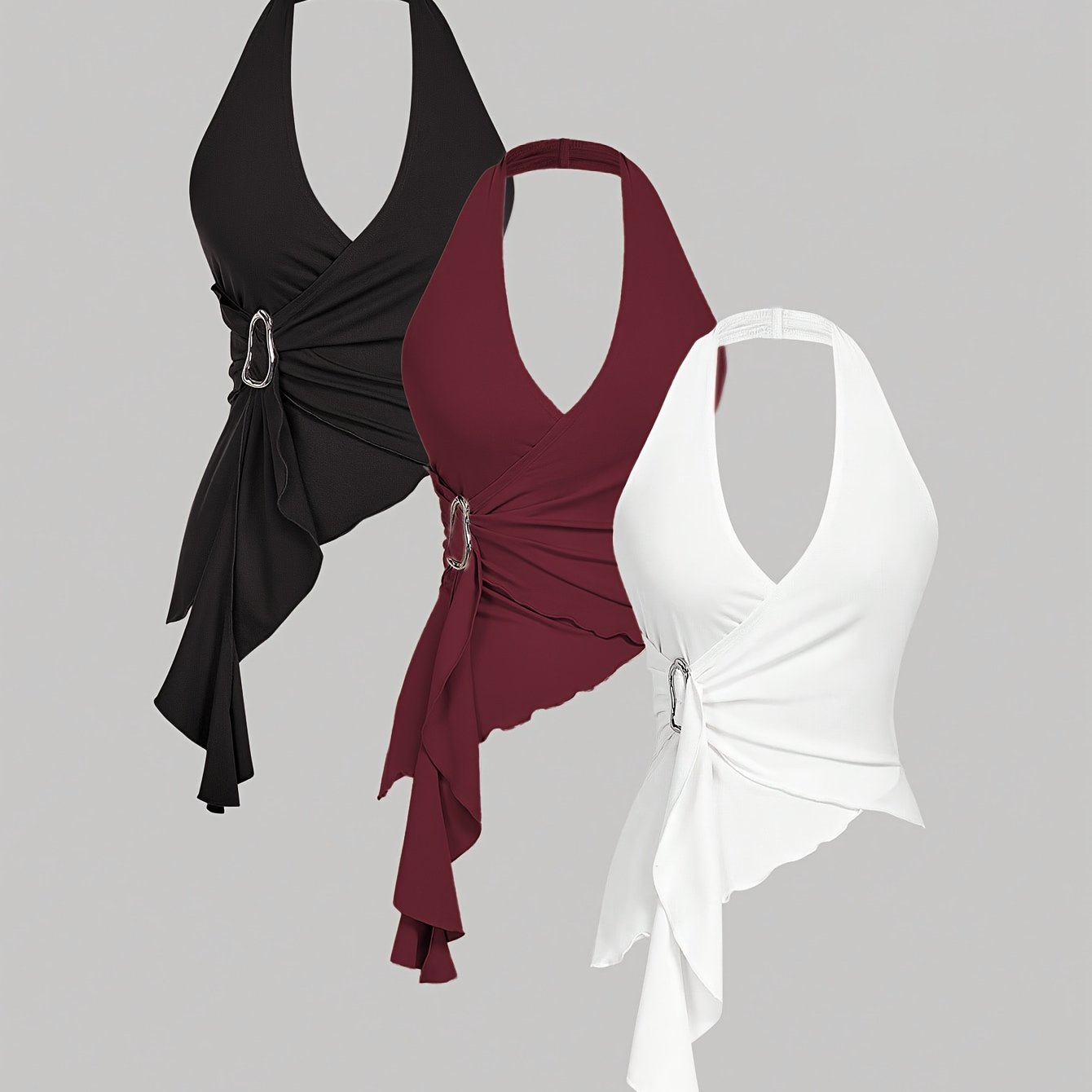 E-shop Ein lässiges dreiteiliges Outfit mit Schleife, Metallschnalle und einem figurbetonten, asymmetrisch gesäumten Tanktop, zusammen mit einem weißen