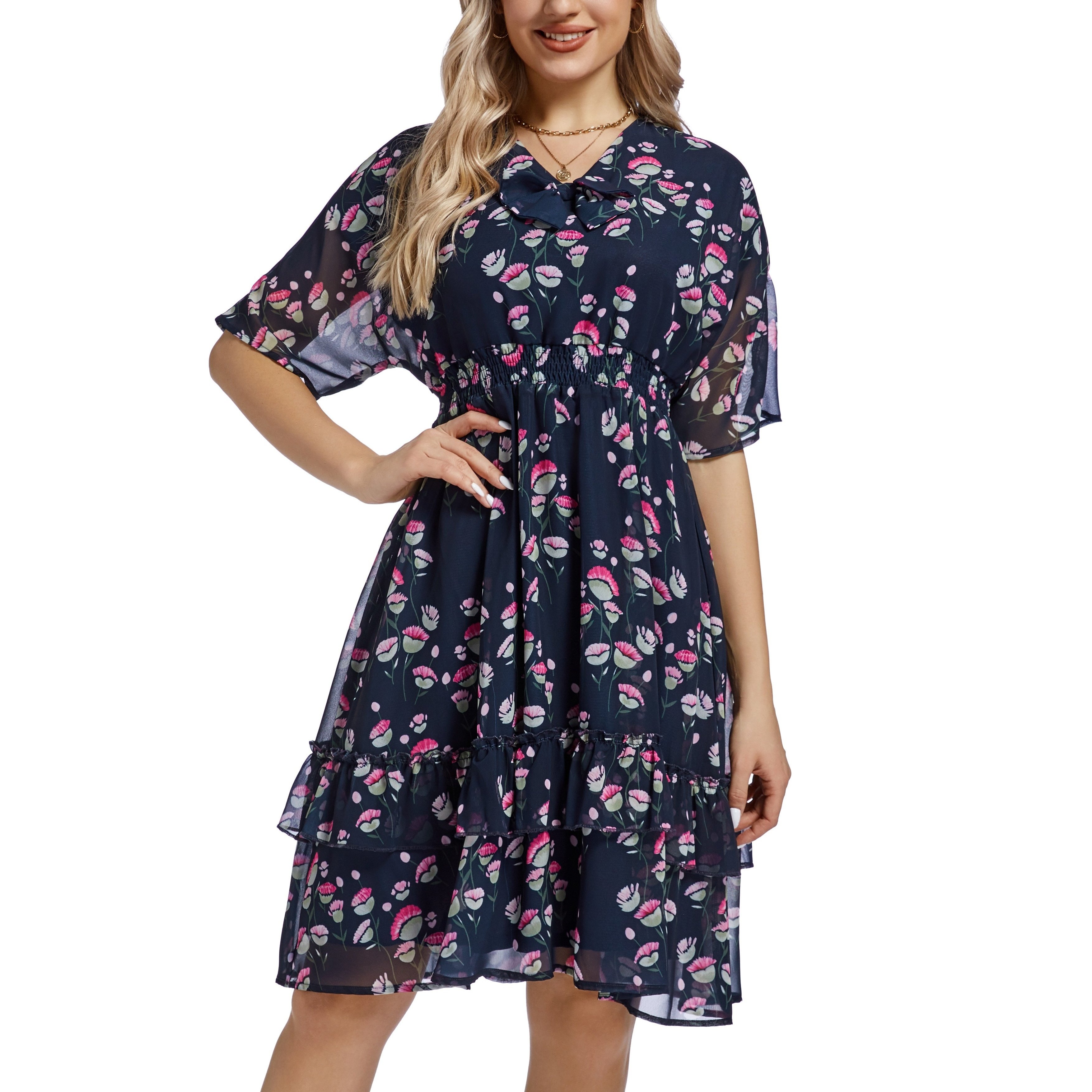 floral print shirred waist dress elegant half sleeve dress for spring summer womens clothing