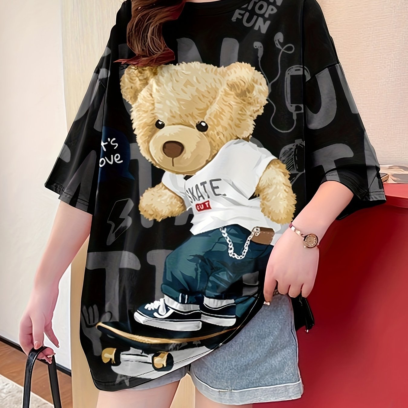 TEMU Summer New Large Size Loose Fashion Trend Slim Cartoon Round Neck Print Ladies Women's Medium And Long Short-sleeved T-shirt Clothes
