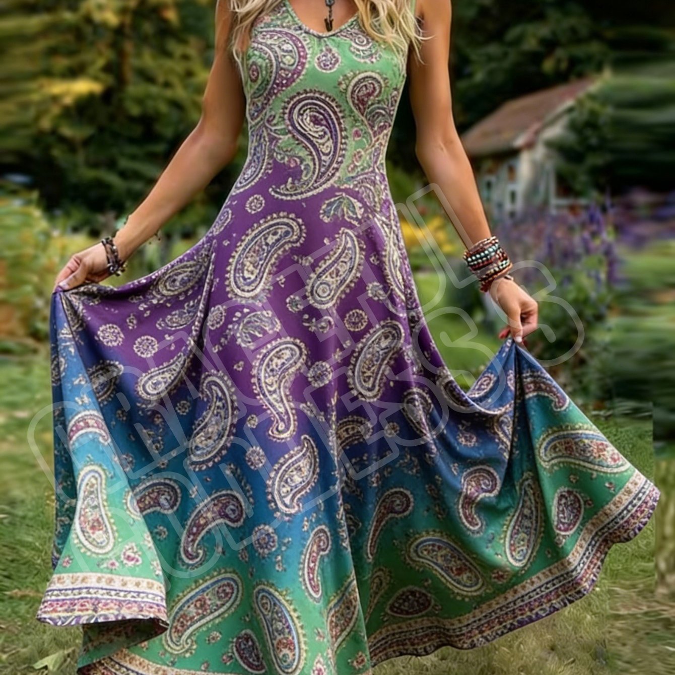 Image of Women's Retro-style Sleeveless Dress With Fluid Print Design, Pastoral V-neck A-line Maxi Skirt, Machine Washable, Perfect For Casual Attire And Vacations.