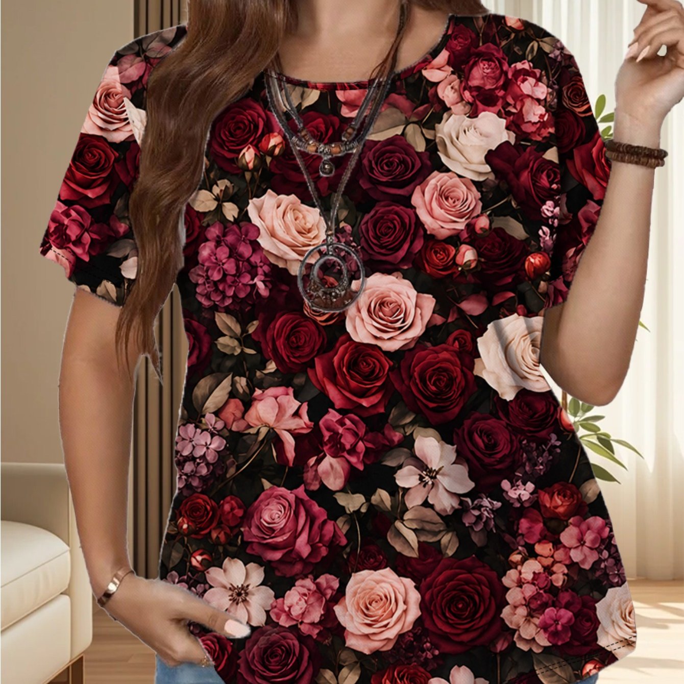 TEMU Plus Size Women's Round Neck Stretch T-shirt, Loose Short Sleeve For Inner And Outer Wear, Summer Black Background With Red Pink Rose Floral