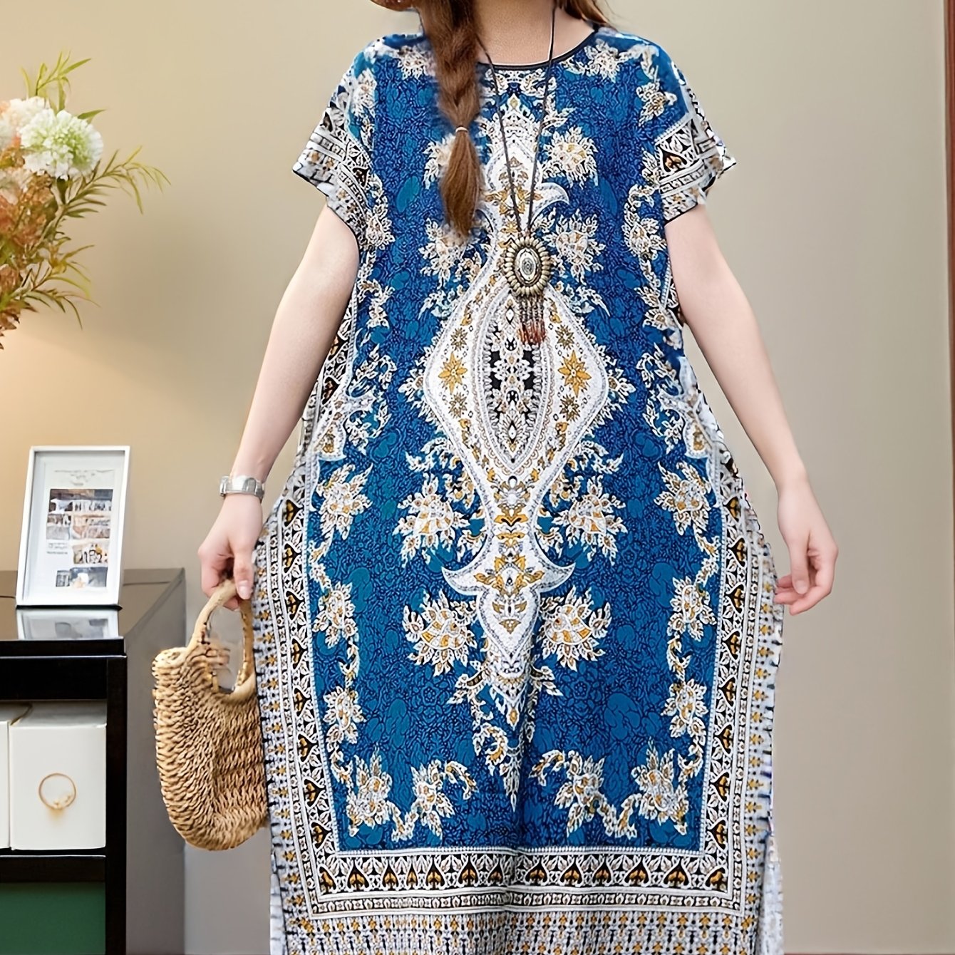 E-shop 10 Farben erhältlich, Sommer Rundhals Dünnes Damen Printkleid, Plus Size Lockeres Midi Boho Strandurlaubskleid, Fledermausärmel Bequemes Gerades