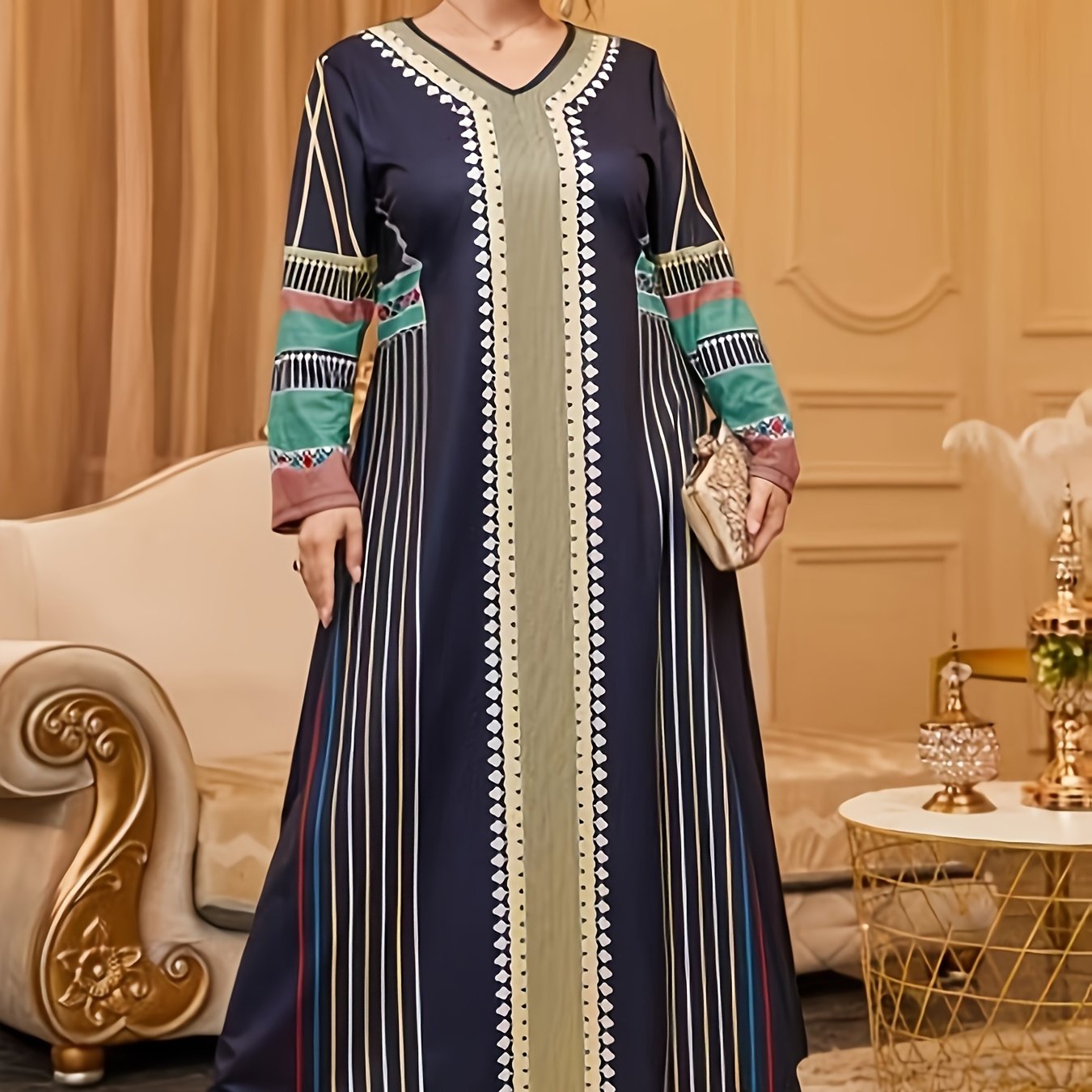 ethnic allover print dress v neck long sleeve maxi dress womens clothing