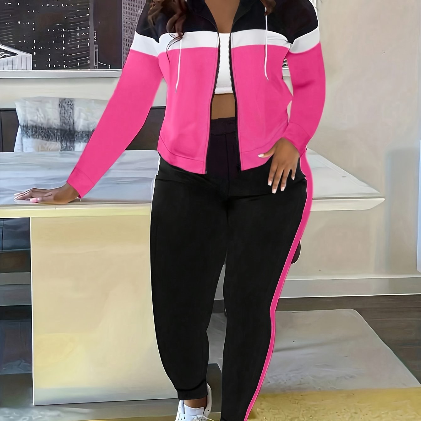 Wh-s391311 Casual Hooded Cardigan Jacket And Pants Set Women's