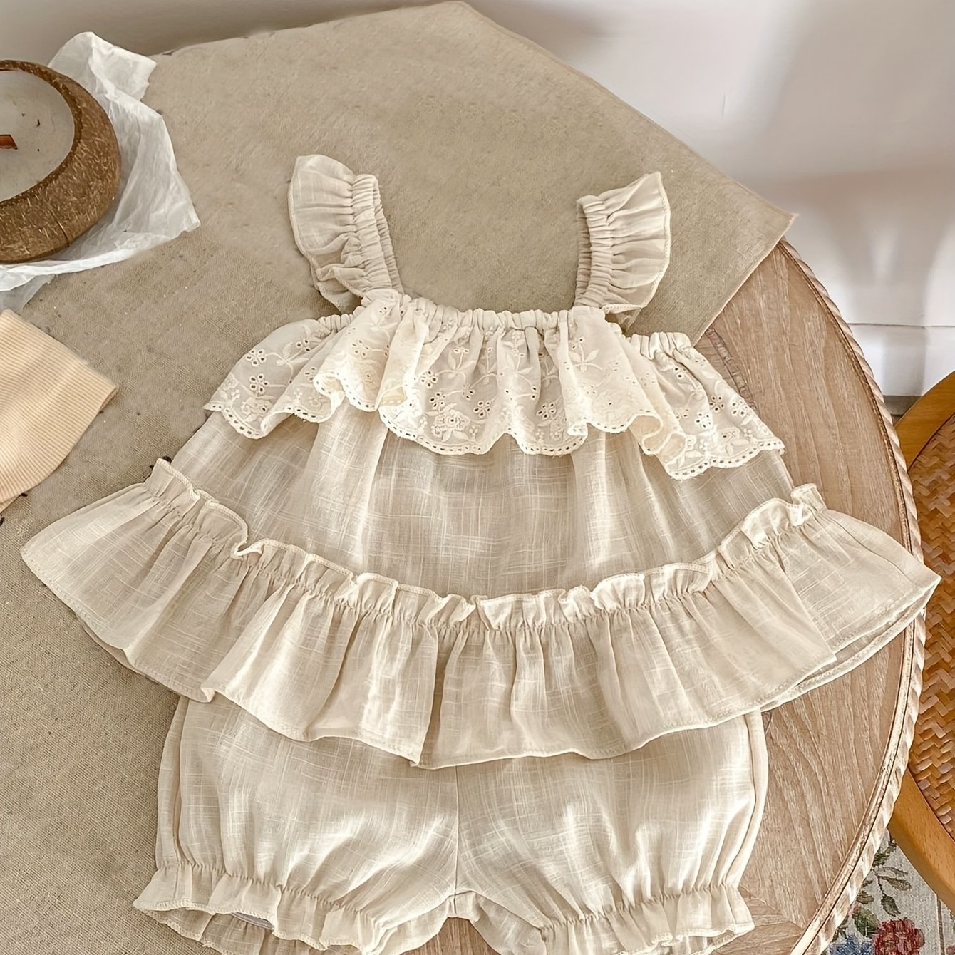 Image of Summer New Baby Clothing 0-3 Year Old Girl's Fashion Versatile Flying Sleeves Suspended Top+clear Color Shorts 2pcs Set, For Outdoor