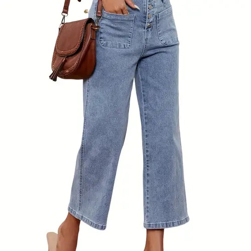 womens high waisted straight leg jeans stretchy relaxed fit with button front patch pockets lightweight breathable denim pants for casual office wear versatile style