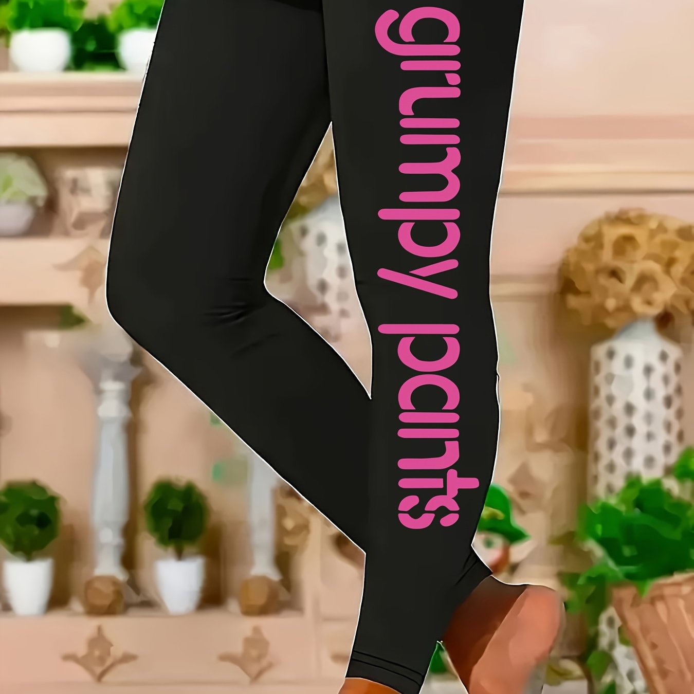 TEMU Plus Size - Plus Size - Large Size Casual Pants, English Print Elastic Stretch Leggings