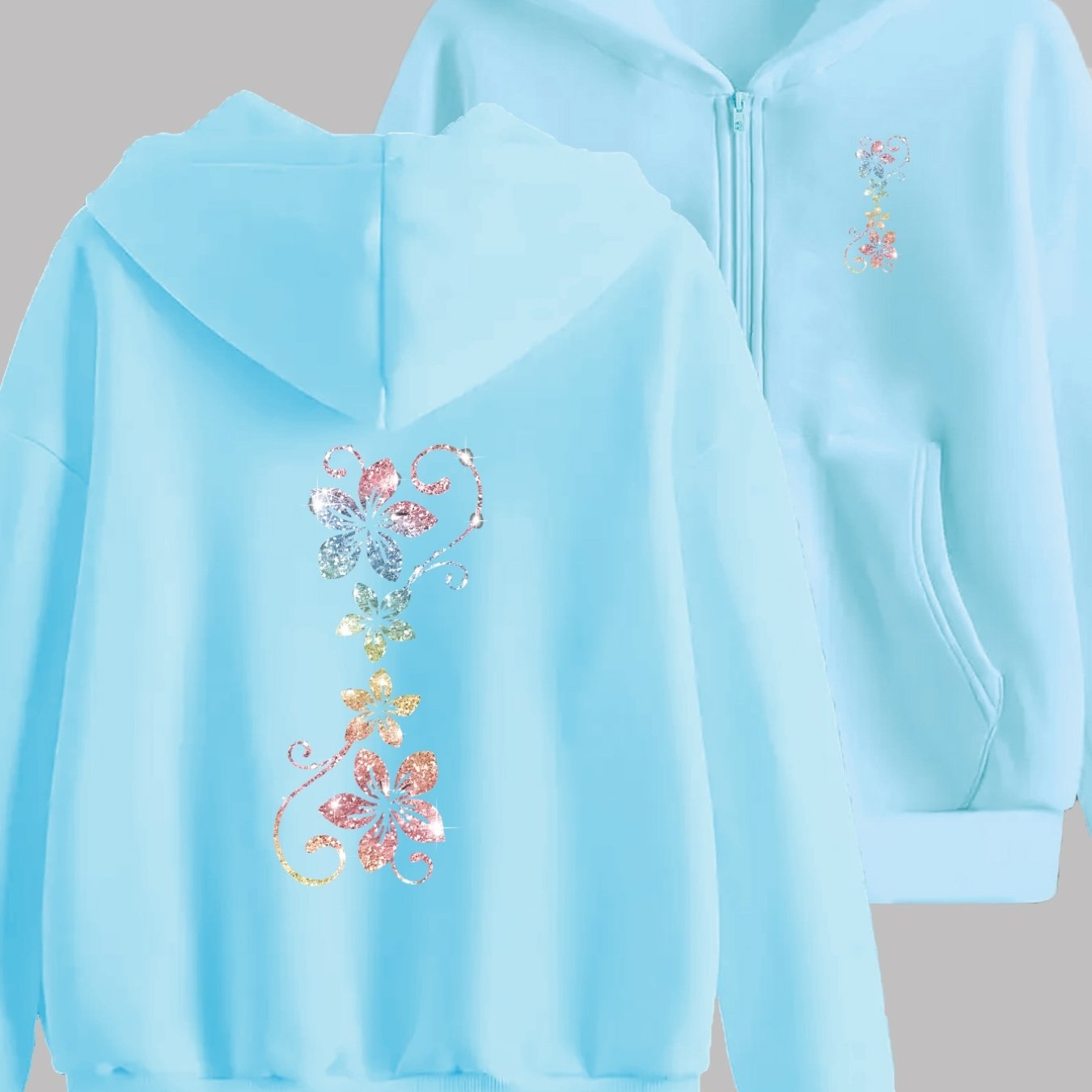TEMU Colorful Floral Patterns Shine Design Highlights Front And Back 2 Pattern Prints - Y2k Zipper Hoodie - Stylish And Comfortable Zipper Jacket -