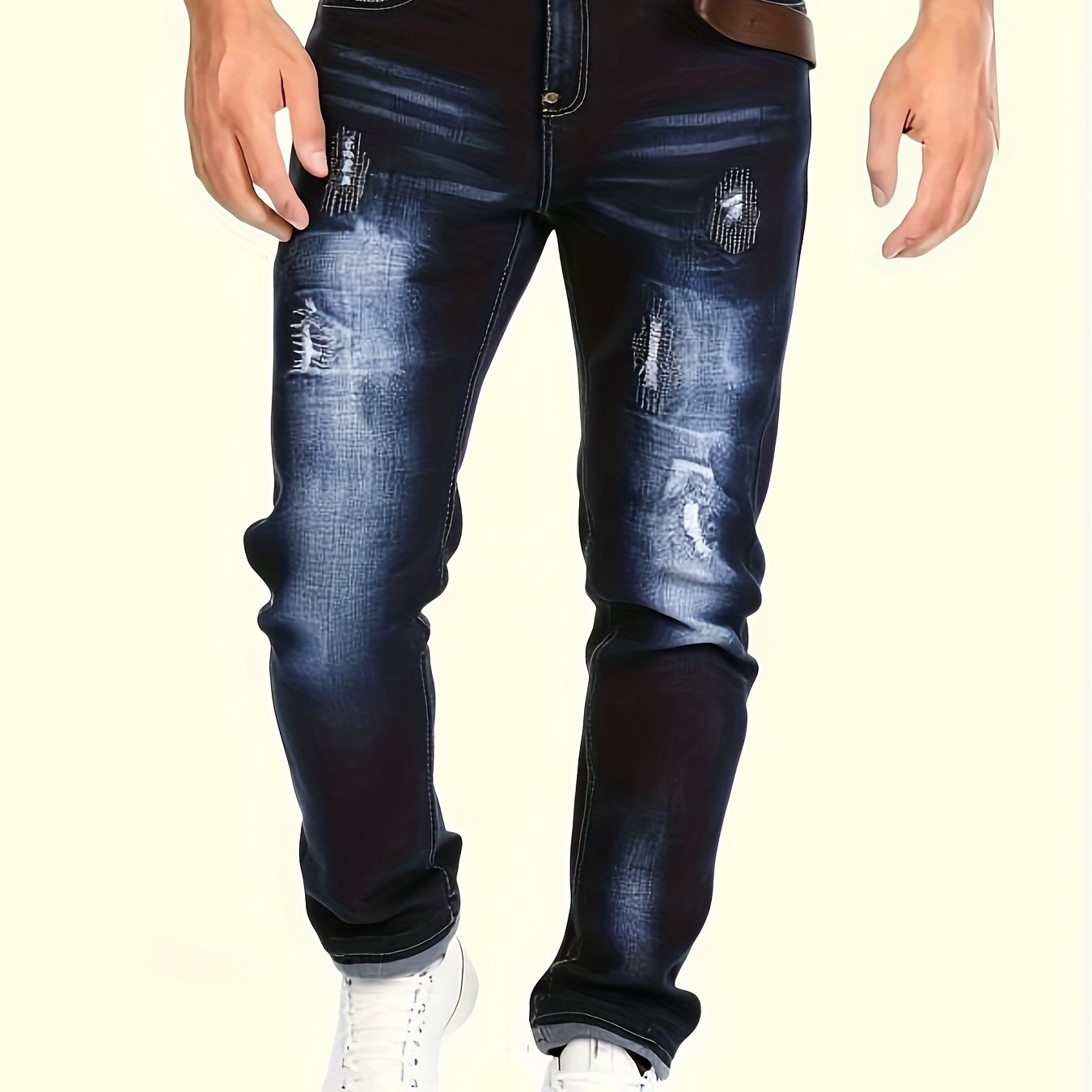TEMU [hme] Men's Jeans, High-waisted Stretch Slim Straight Leg, Washed Distressed Distressed Hole Patch Design, Natural Whitening Effect, Essential