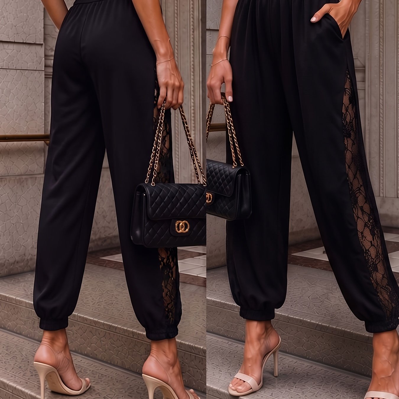 TEMU Pantalones jogger de encaje elegantes para mujer con cintura elástica y corte - Diseño de panel de encaje con recorte lateral, con bolsillo,