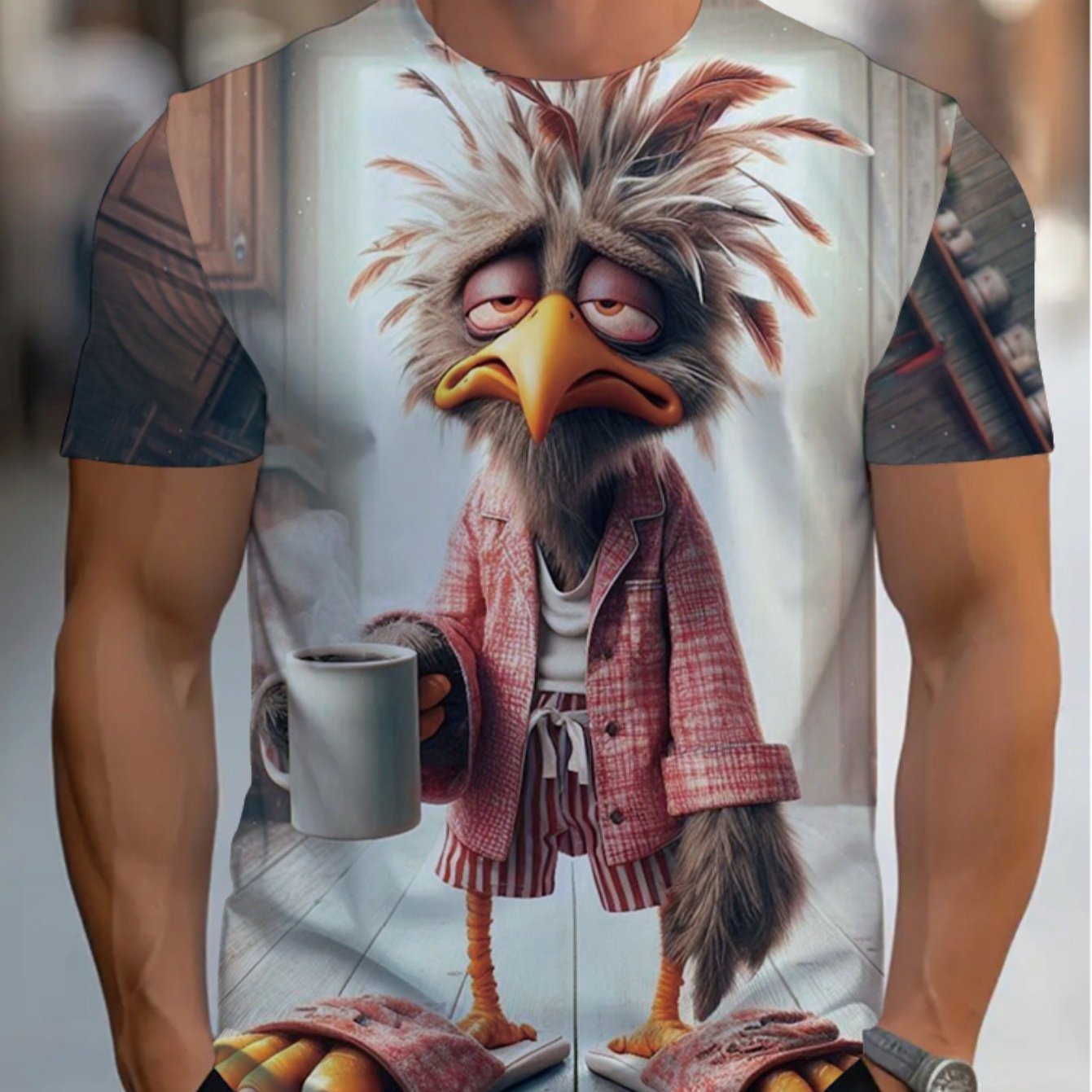 TEMU Men's Fun Cartoon Bird Pattern T-shirt- 3d Short Sleeve Plaid Design, Lightweight Summer Casual Wear, Machine Washable Regular Neck Top, Cute