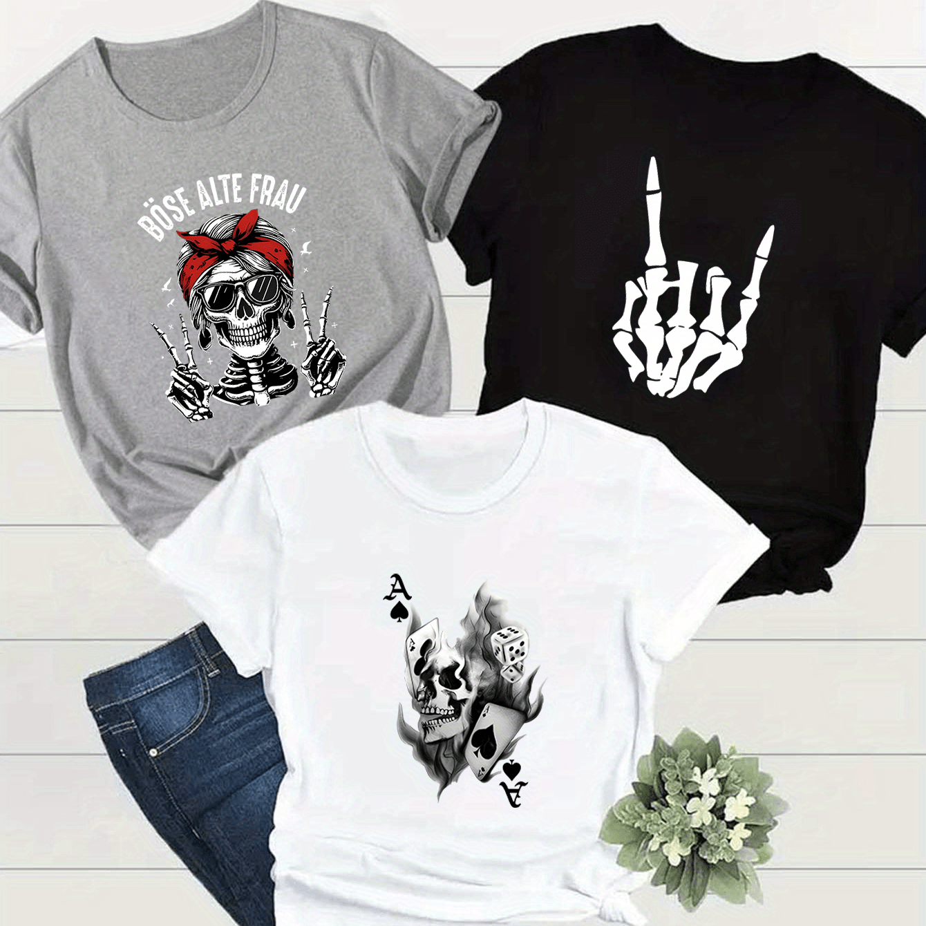 E-shop Cartoon Totenkopf Buchstaben Element Bedrucktes T-Shirt 3er Set, Sommer und Frühling Kurzarm Rundhals Freizeit Tops Multi Sets, Damen