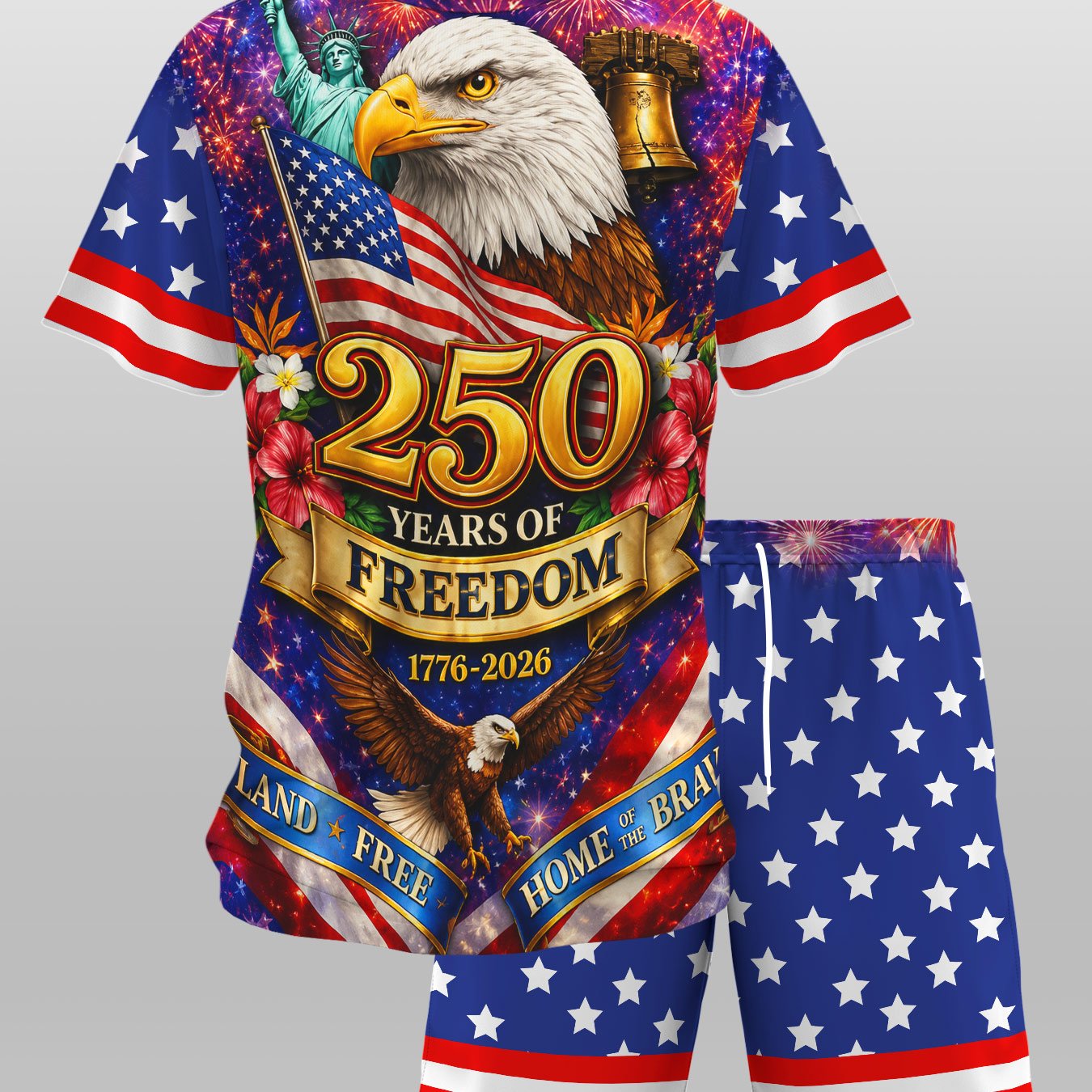 TEMU Men's Fashion Casual Round Neck Short Sleeve Drawstring Shorts 2pcs Set, Stars And Stripes Bald Eagle Statue Of Commemorative Print Outfit,