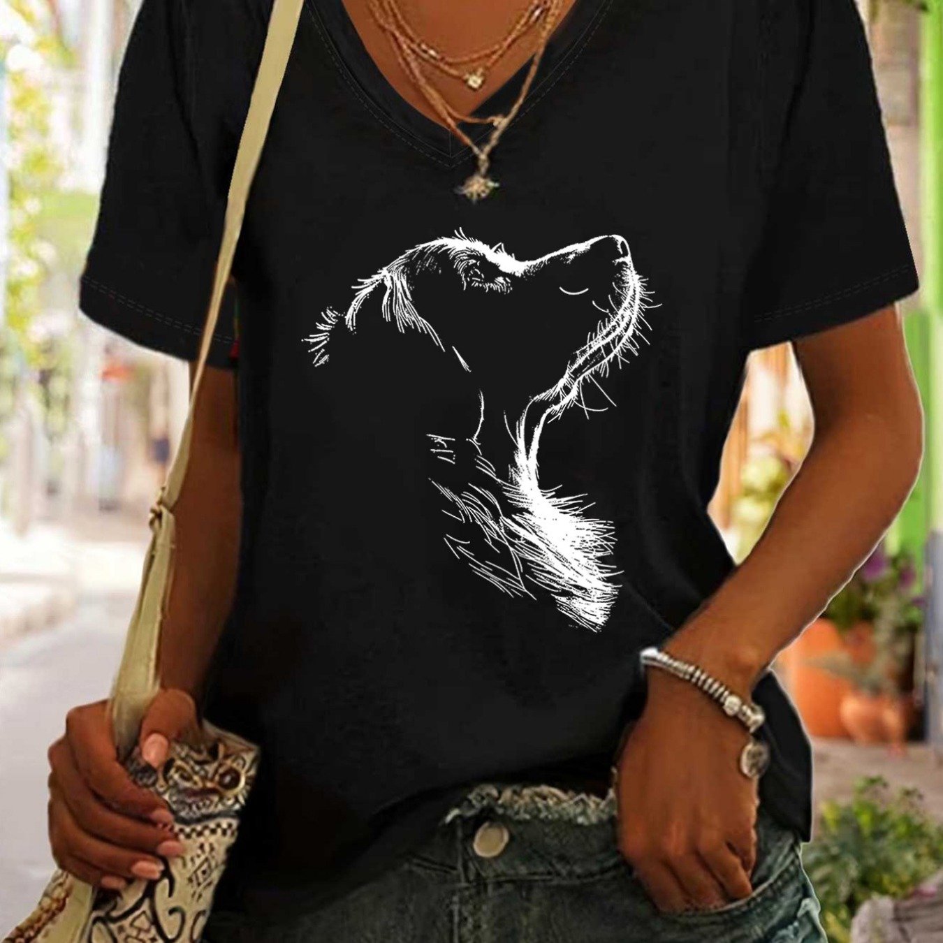 Image of Women's Fashionable And Creative New Summer Casual Versatile Graphic Dog Silhouette Printed V-neck Short-sleeve T-shirt Top