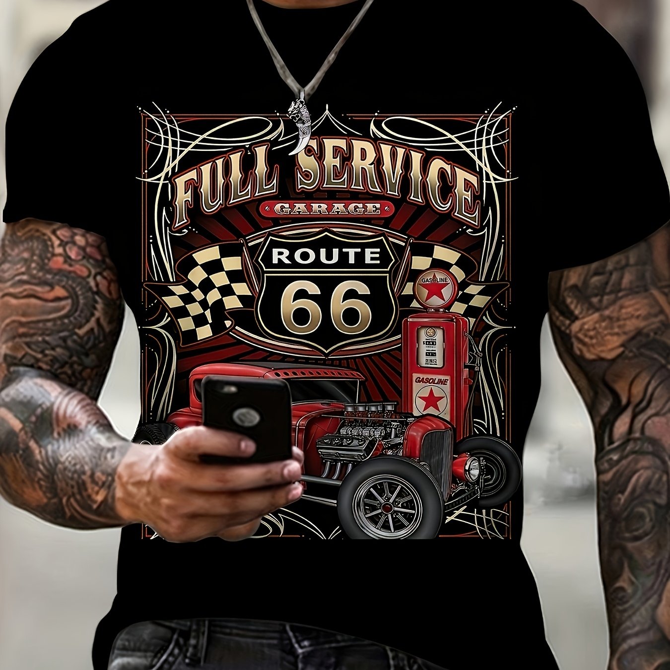 TEMU T-shirt Homme Route 66 Design Voiture - Mode Rétro Coupe Confortable Manches Courtes Cadeau pour Acheteurs de Fêtes