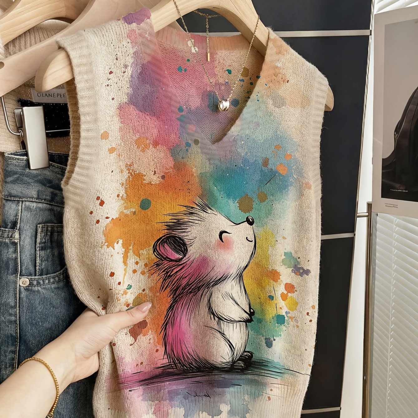 TEMU Nouveau gilet pull manches à col en V pour femme 2026, entièrement imprimé, parfait pour la tendance, avec de jolis de hérissons de style