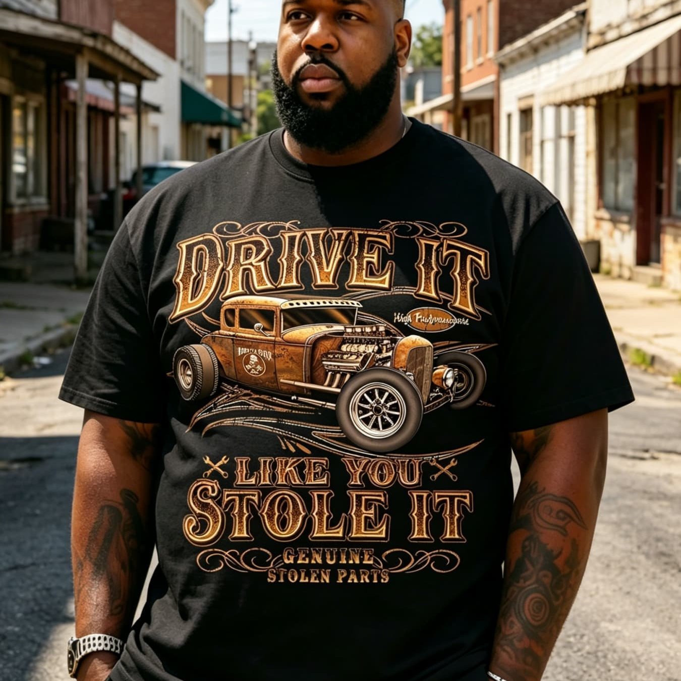 TEMU Plus Size Men's Vintage Modified Classic Car T-shirt, Distressed Engraved Font With Rusting Car Print, Suitable For Motorcycle Salons And Car