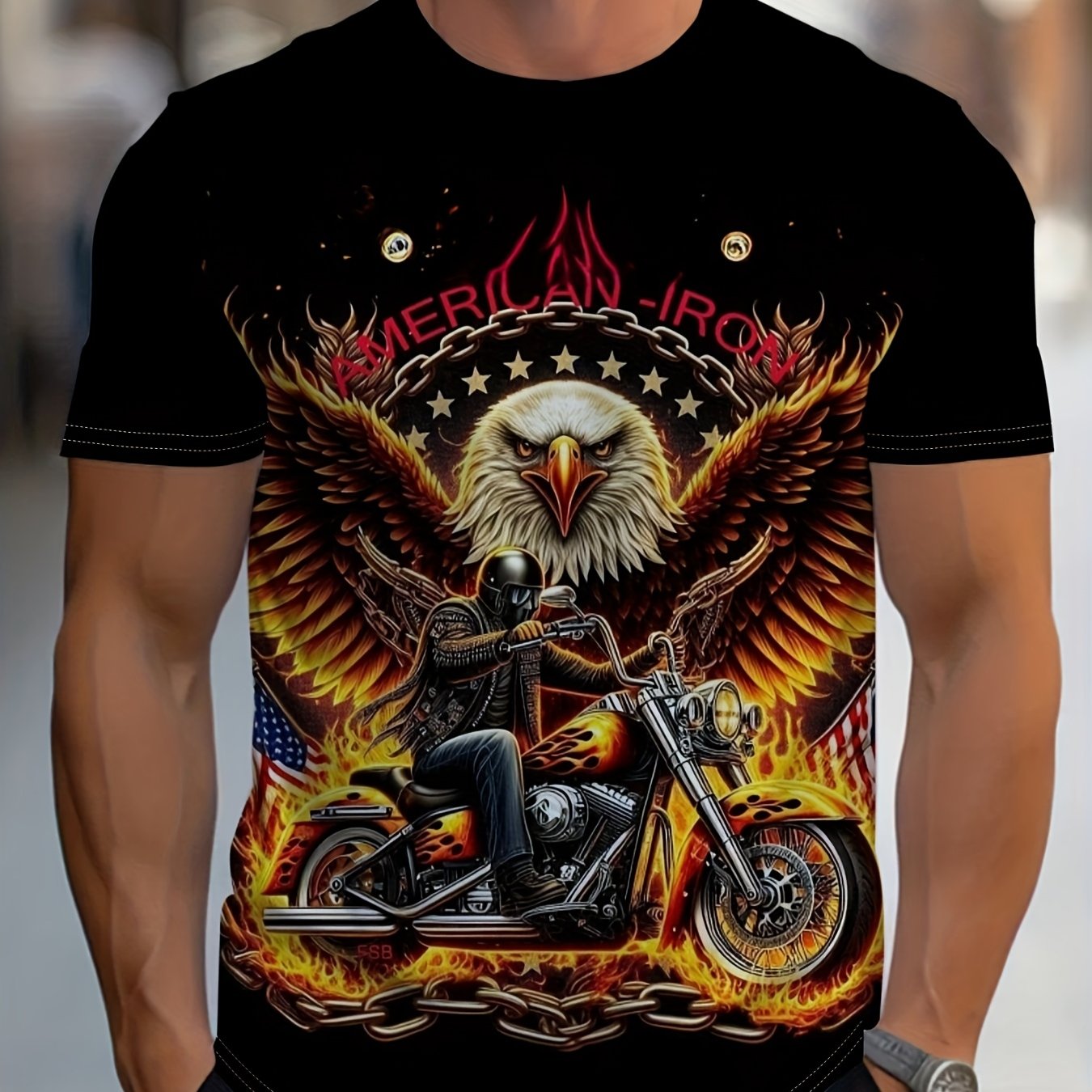 TEMU Men's Patriotic Eagle Knight Pattern T-shirt | Printed Motorcycle Design Featuring The American Flag, Black Casual Wear, Durable Fabric,