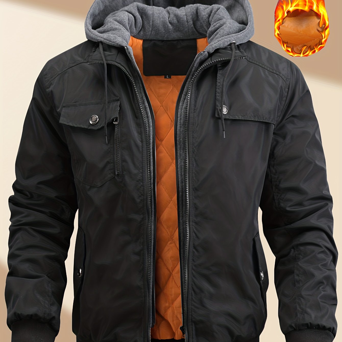 TEMU Men's Workwear Casual Outdoor Thick Winter Hooded Fake Two-piece Coat Retro Style Fiber 100% - Warm, Sturdy And Multi-pocket Workwear Design |
