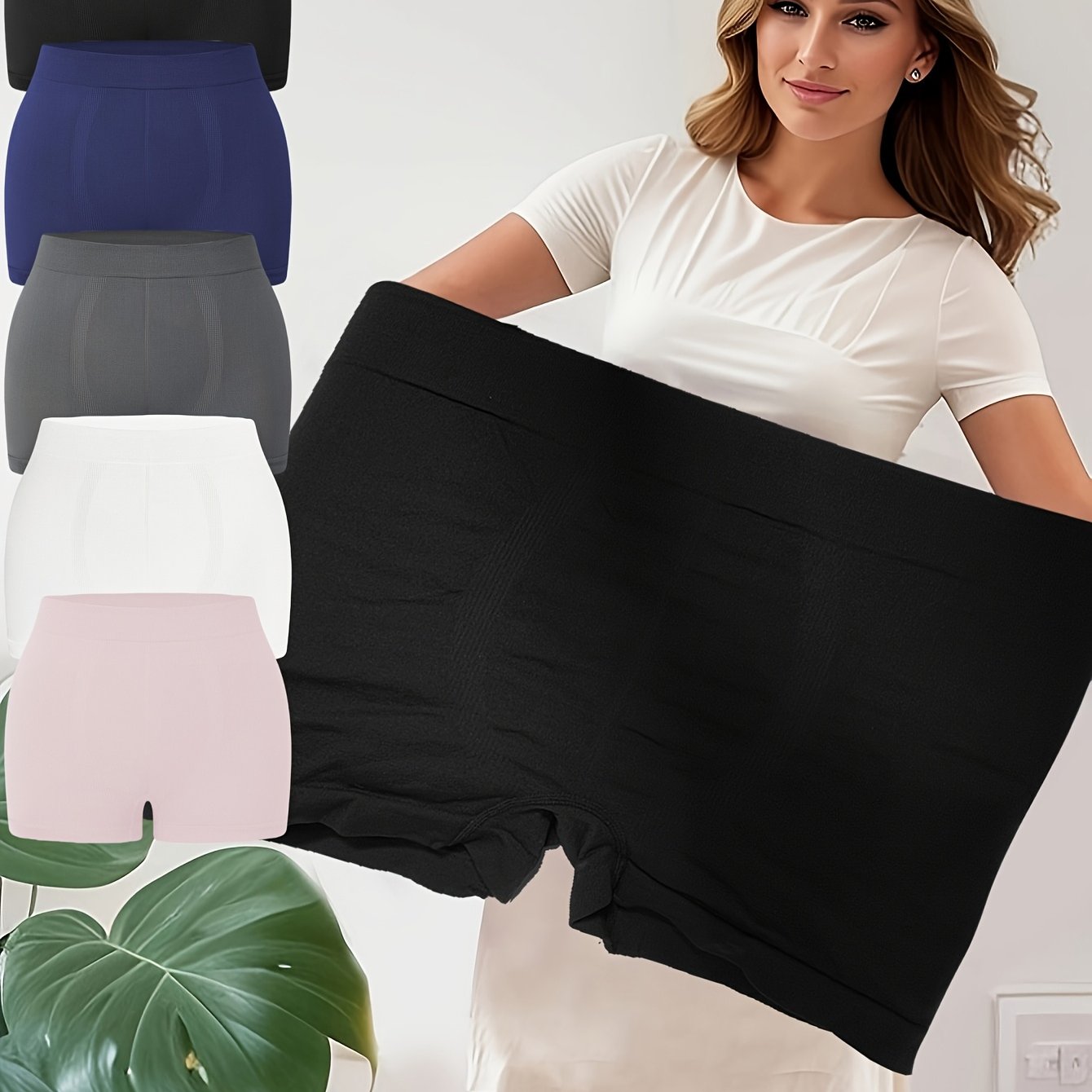5pcs Women's Plus Size Seamless Soft And Comfortable Briefs, Breathable Solid Color Simple Basic Underwear, Worn As Leggings To Prevent Thigh Friction, Plus Size Underwear