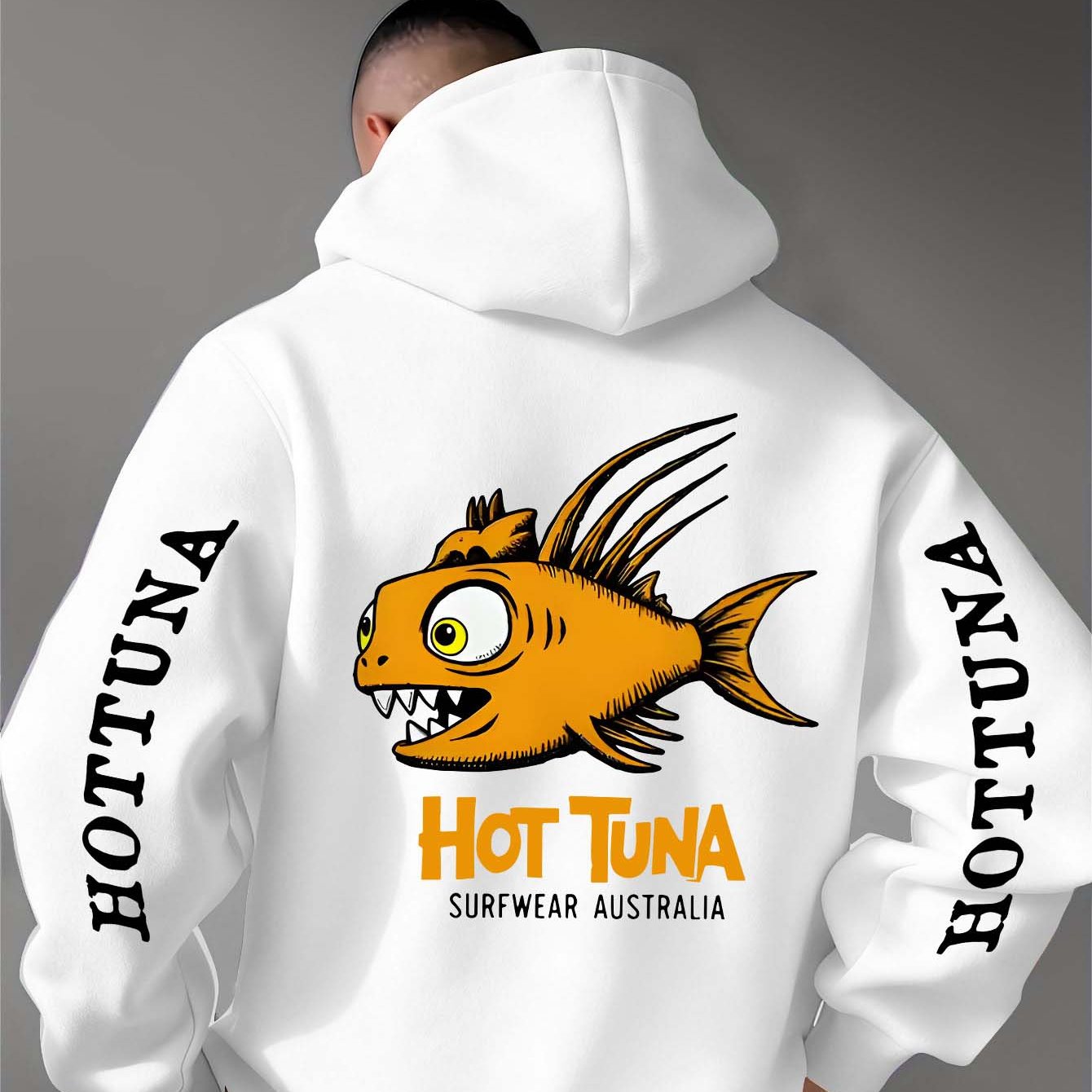 TEMU Hooded Sweatshirt, Featuring An American-style Cartoon Orange Monster Fish Element And "" Font Graphic Print. Embracing , This Men's Hooded