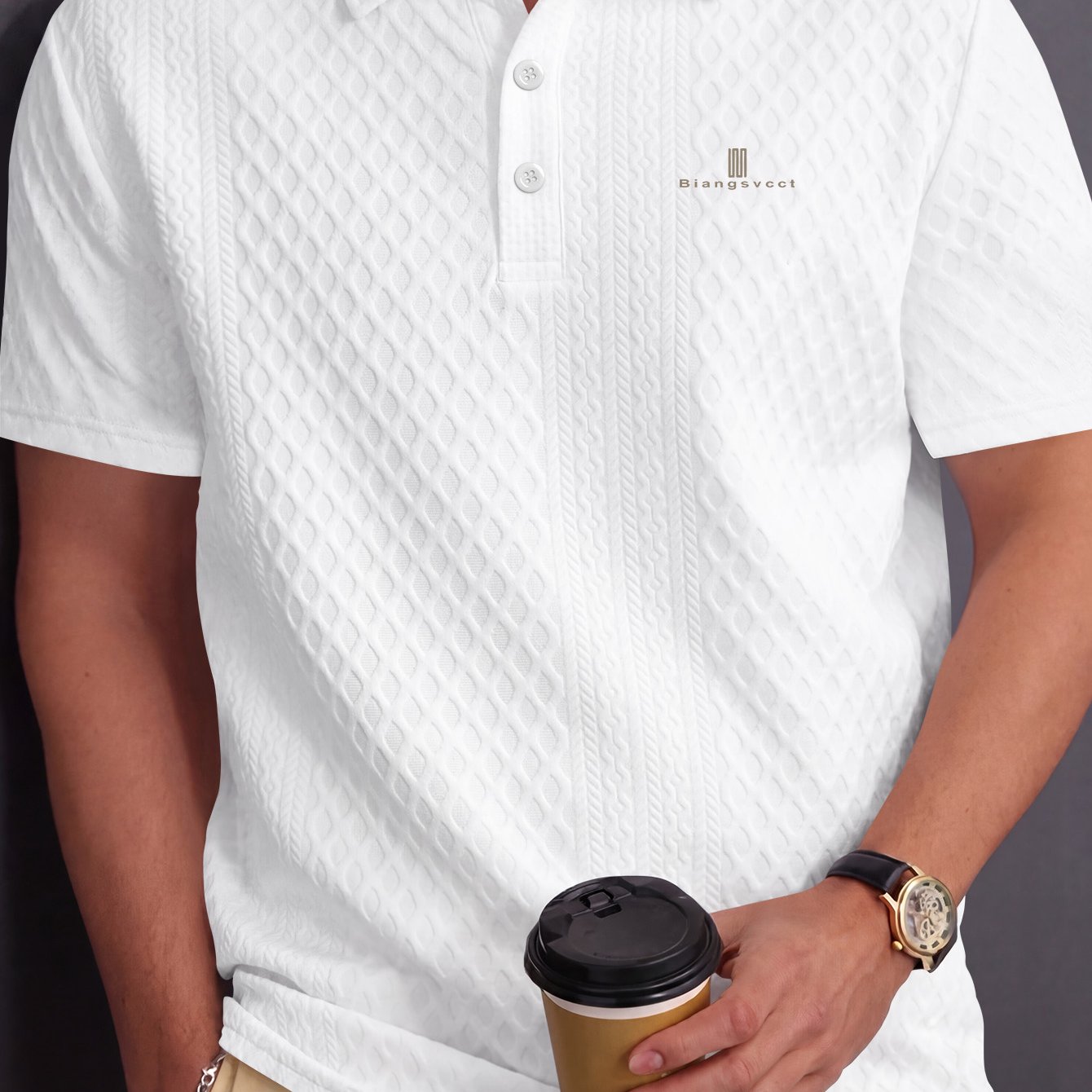 TEMU Men's Plus-size Jacquard Collar Short-sleeve Shirt, Premium Top With Creative Minimalist Pattern Print, Versatile For Summer Outdoor, Casual &