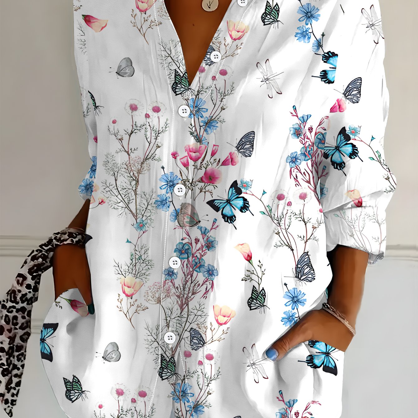 TEMU Plus Size, Plus Size Women's Long Sleeve Shirt, Floral Print Blouse With Elements, Midi-length Women's Shirt, Blouse, Soft And Comfortable,