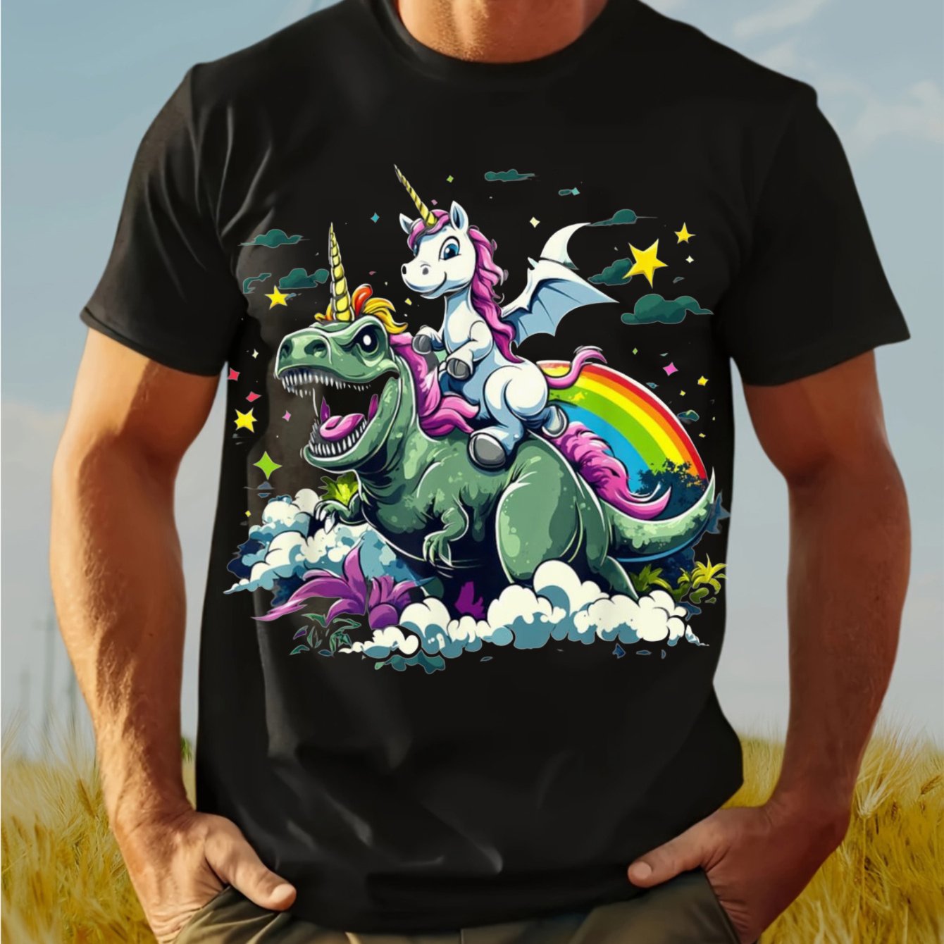 Image of Riding- Rex Graphic Tee - Whimsical & Dinosaur Rainbow 100 Cotton Short Sleeve Shirt For Men Women Dad Mom - Casual Outdoor Hiking Funny Novelty T- Shirt ( Black Sizes S) Everyday Outfit Print Printed