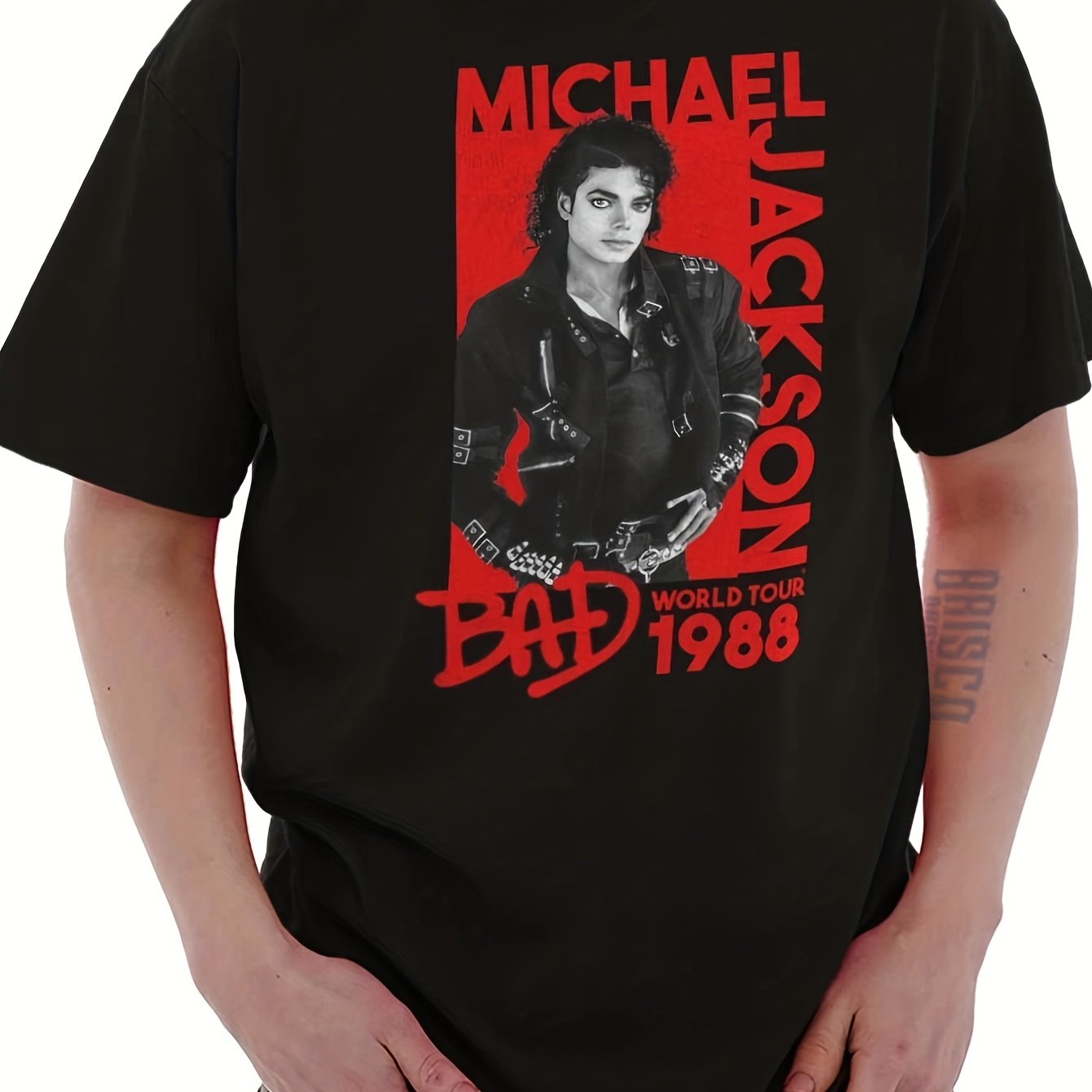 Image of Men's Vintage Bad Album T-shirt - Iconic Mj Graphic Tee, Loose Fit Short Sleeve Crewneck, Casual For Fans, Plus Size