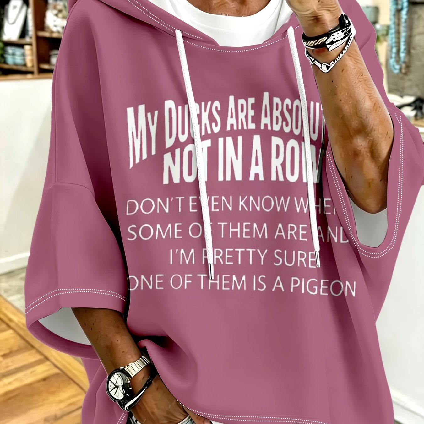 TEMU Plus Size, Plus Size Women's Short Sleeve Hooded Top, Rose Red With Fun Text Print, Loose Drop Shoulder Sleeve, Spring Summer Casual Hoodie