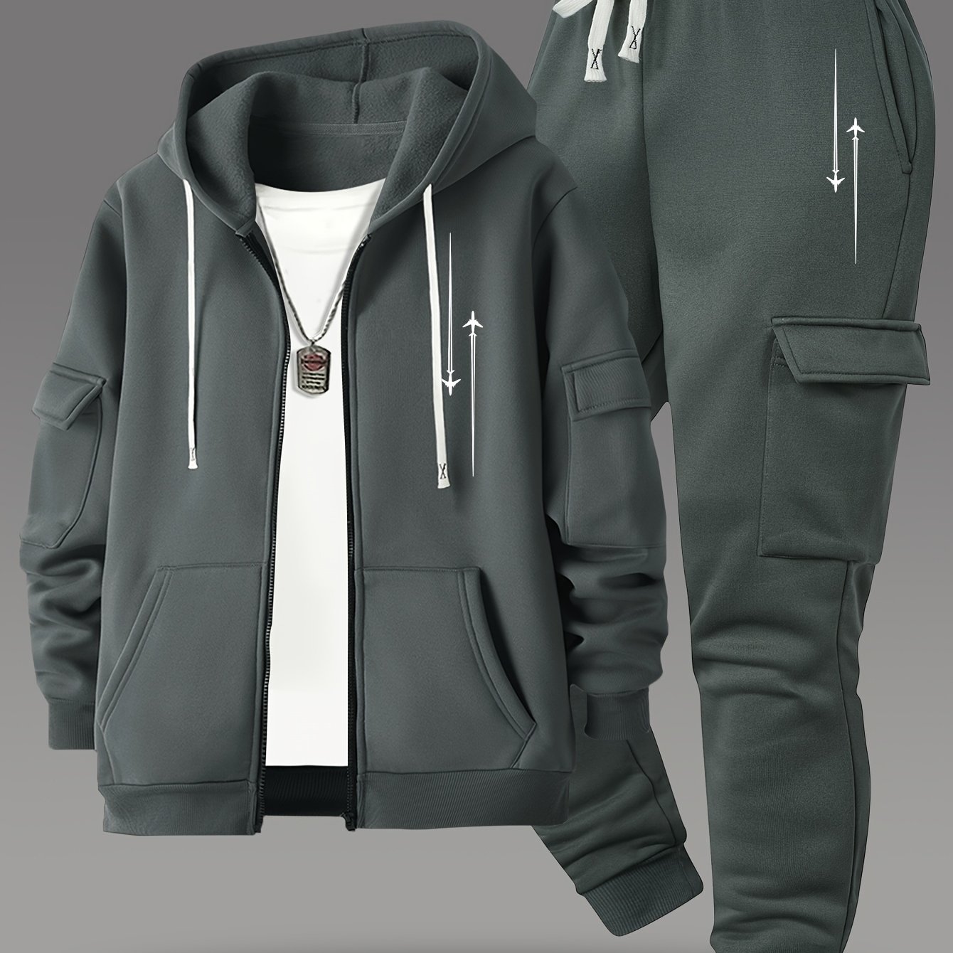 TEMU Men's Casual Sport Hoodie And Multi-pocket Cargo Jogger Pants With Drawstring, Everyday Comfortable, Versatile, And Breathable, Featuring A