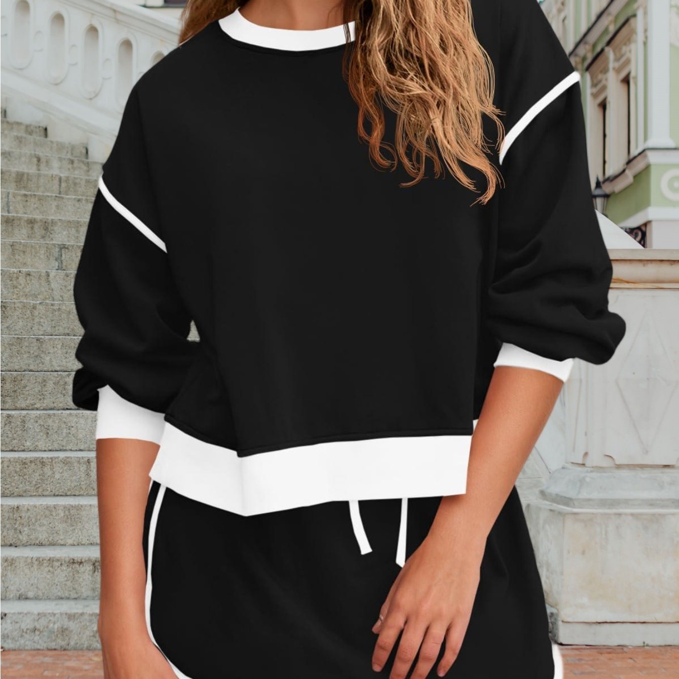 Womens Sweatsuits 2pcs Set Crewneck Sweatshirts High Waisted Skort Skirts Running Tracksuits Shorts Sets