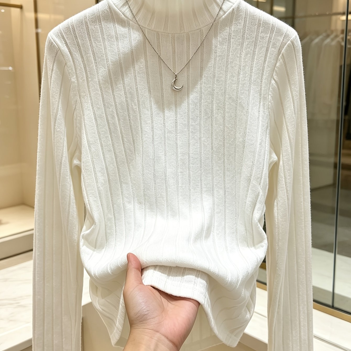 Image of Autumn Winter Women's High Neck Ribbed Base Layer Top Easy Solid Color Long Sleeve Versatile Pullover Sweater
