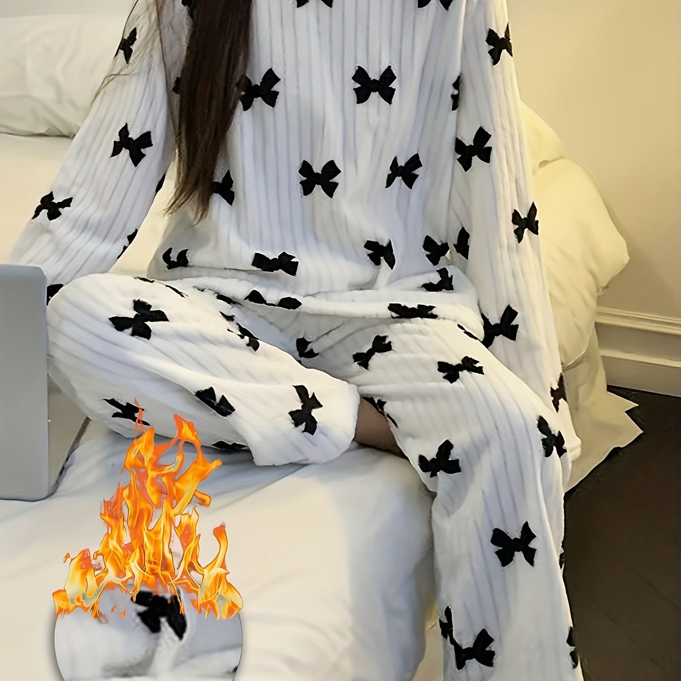 Image of Two-piece Set Bow Autumn-winter Thickened Flannel Pajama Loungewear Long Sleeve And Trousers Warm Outerwear