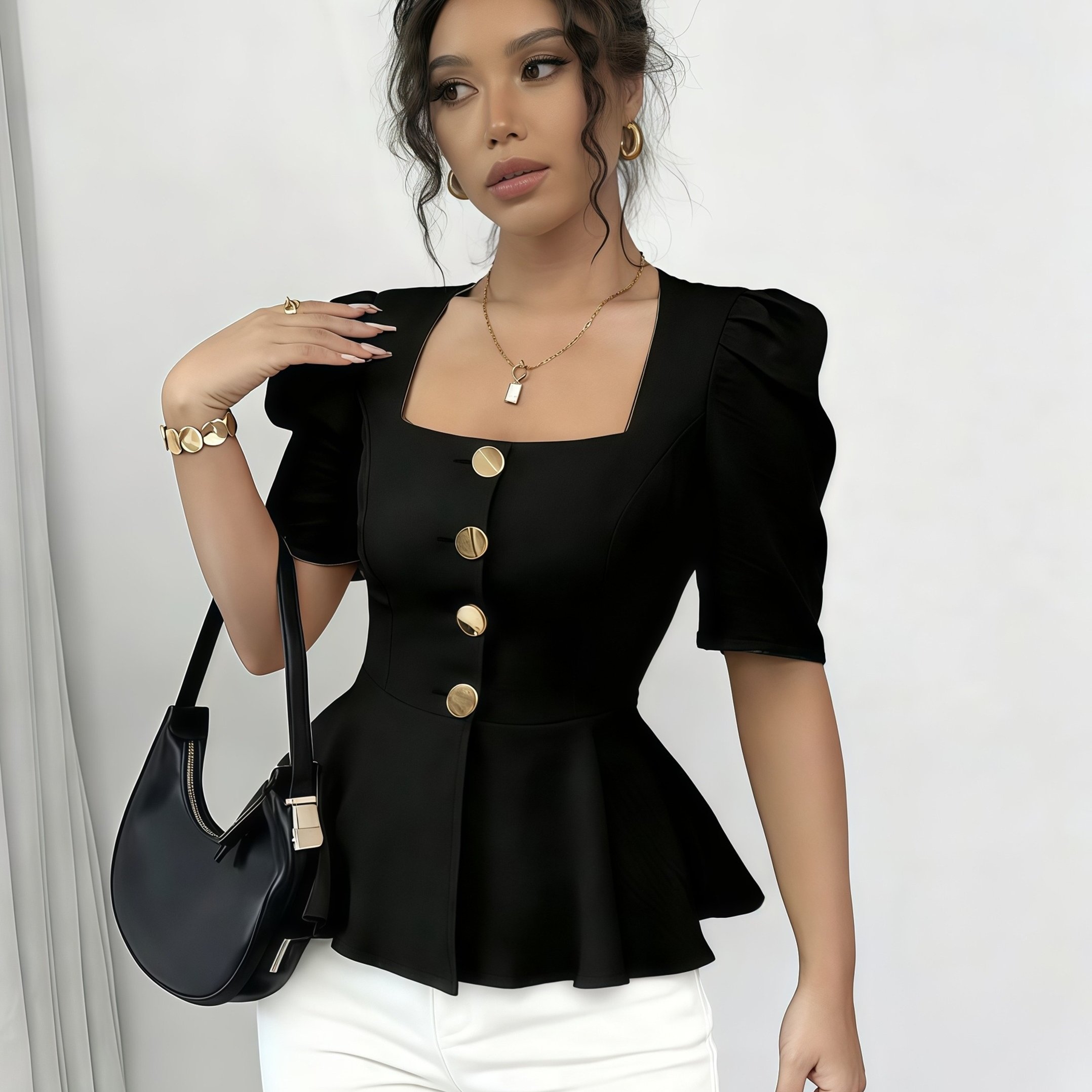 E-shop Damen Sommer Bluse, eckiger Ausschnitt, kurze Ärmel, schlanke Passform in der Taille, Stoff, modisches und elegantes Rüschenoberteil für den