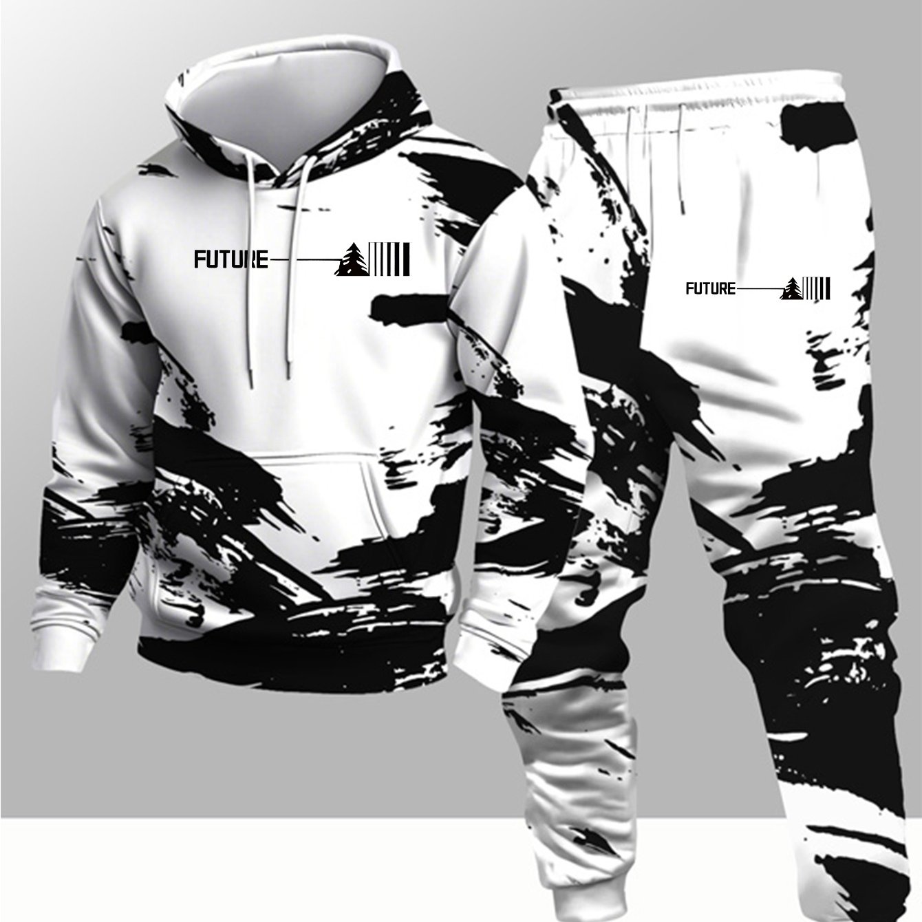 TEMU Spring And Autumn Season Fashion Pattern Print Spring Autumn Trendy Hooded Sweatshirt 2pcss Set Outdoor Set, Men's 2pcss Set, Casual Sports Set