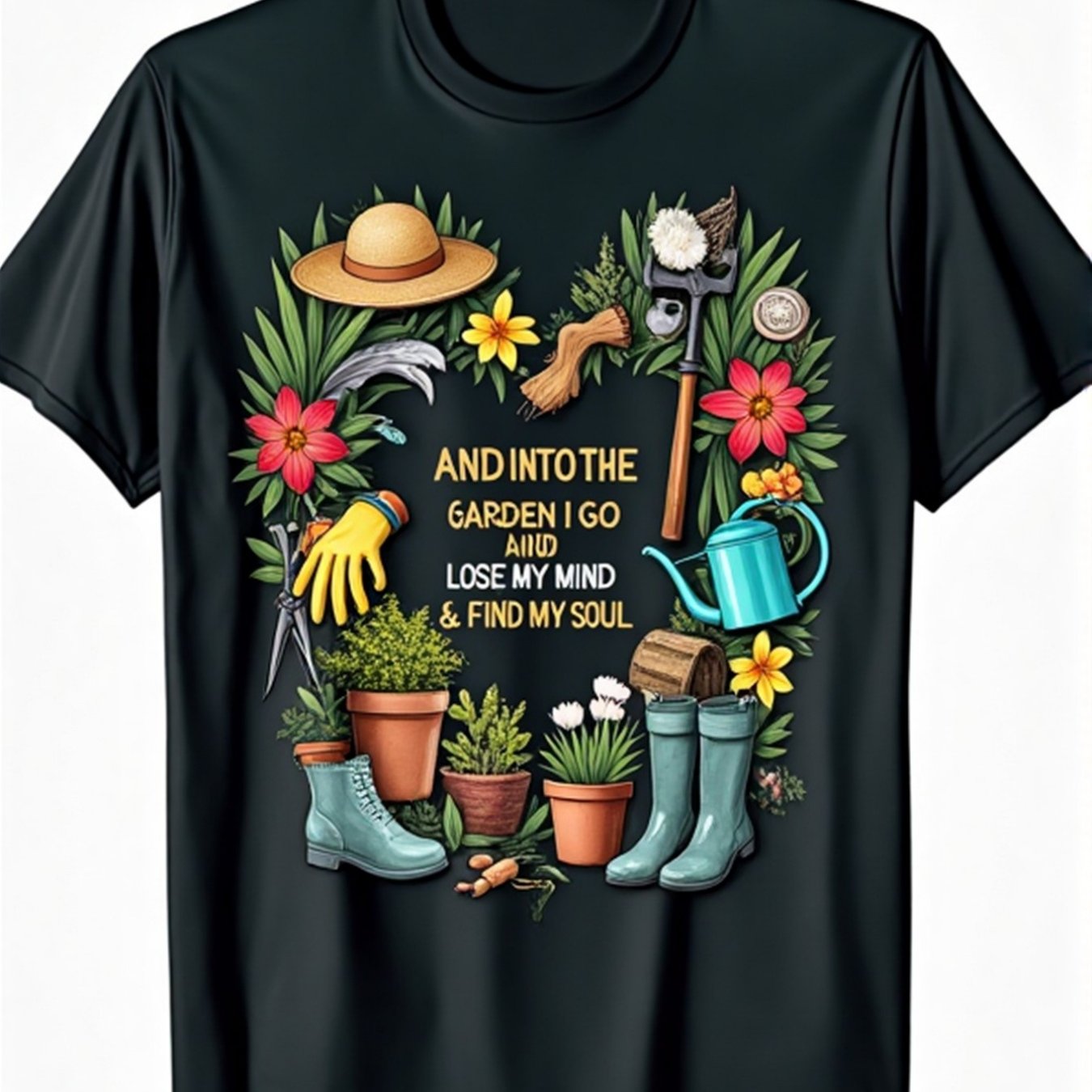 TEMU Men's And Women's Heavyweight 180gsm T-shirt - Gardening Tools And With ' Go' Quote - Black Crew Neck Shirt For Gardeners