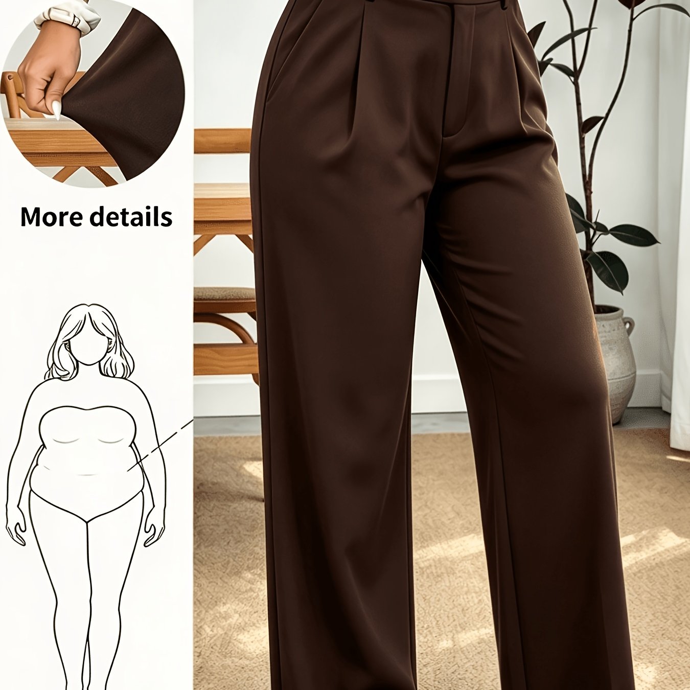 TEMU Plus Size - Elegant Directional Solid Color Fashionable Stretch Fabric Front-seam Fake Zipper Detail Pocket Elastic Waist Women's Loose Wide-leg