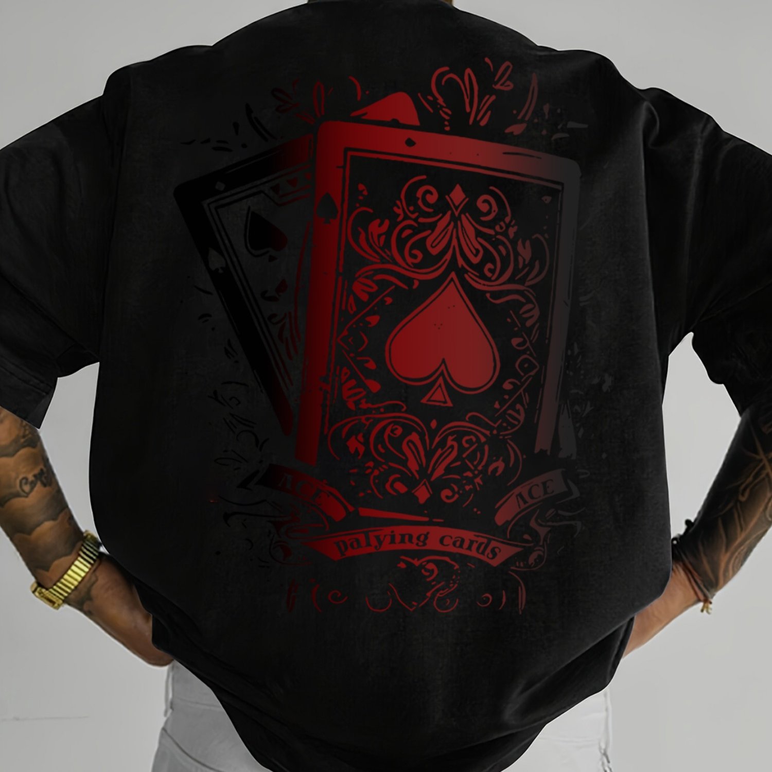 TEMU Men's Short-sleeve T-shirt With A Vintage Red And Black Poker Pattern, Style