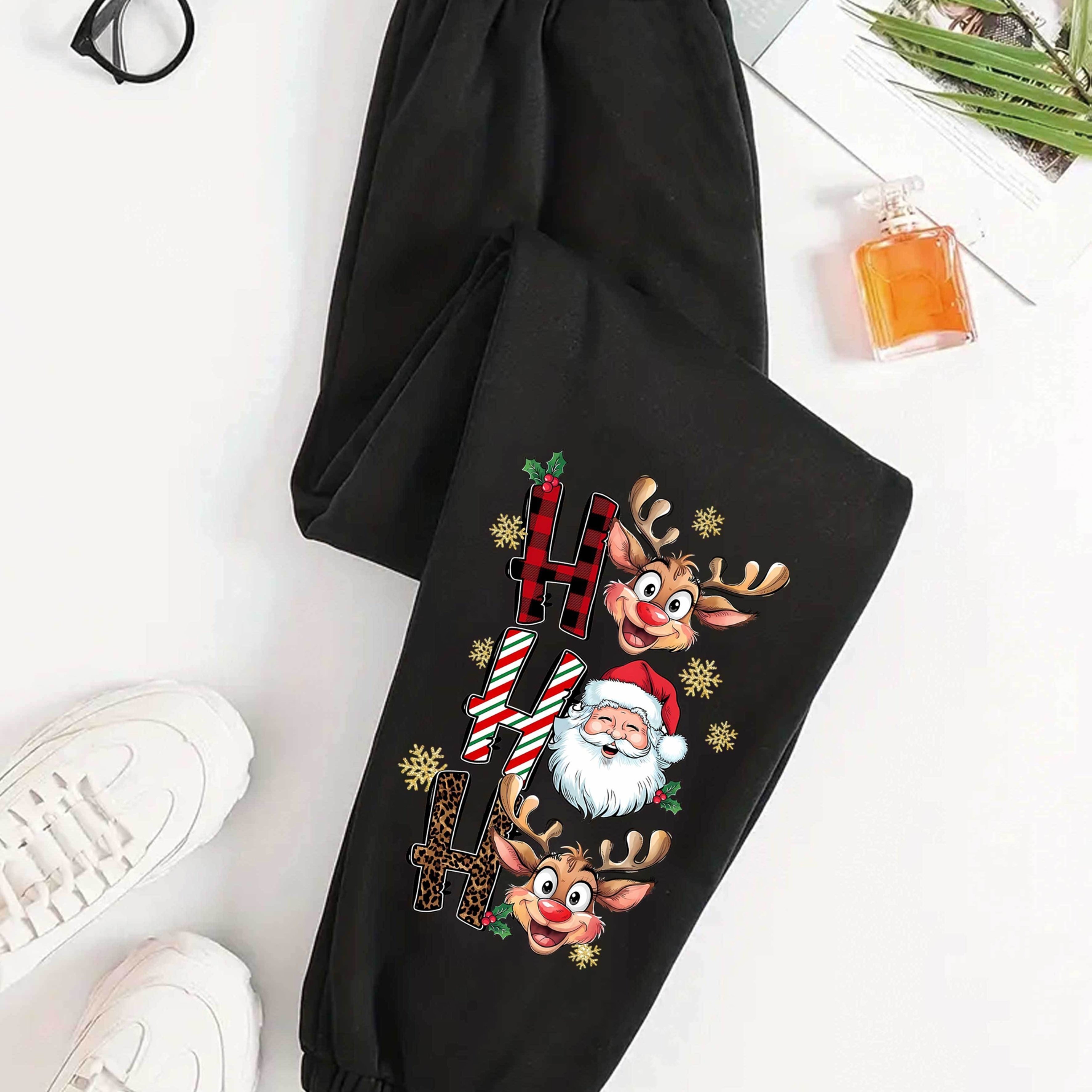 TEMU Fully Immersed In The Christmas Spirit! Gray/black Sweatpants With Santa Claus And Reindeer Prints Are The Perfect Festive Outfit Essential!