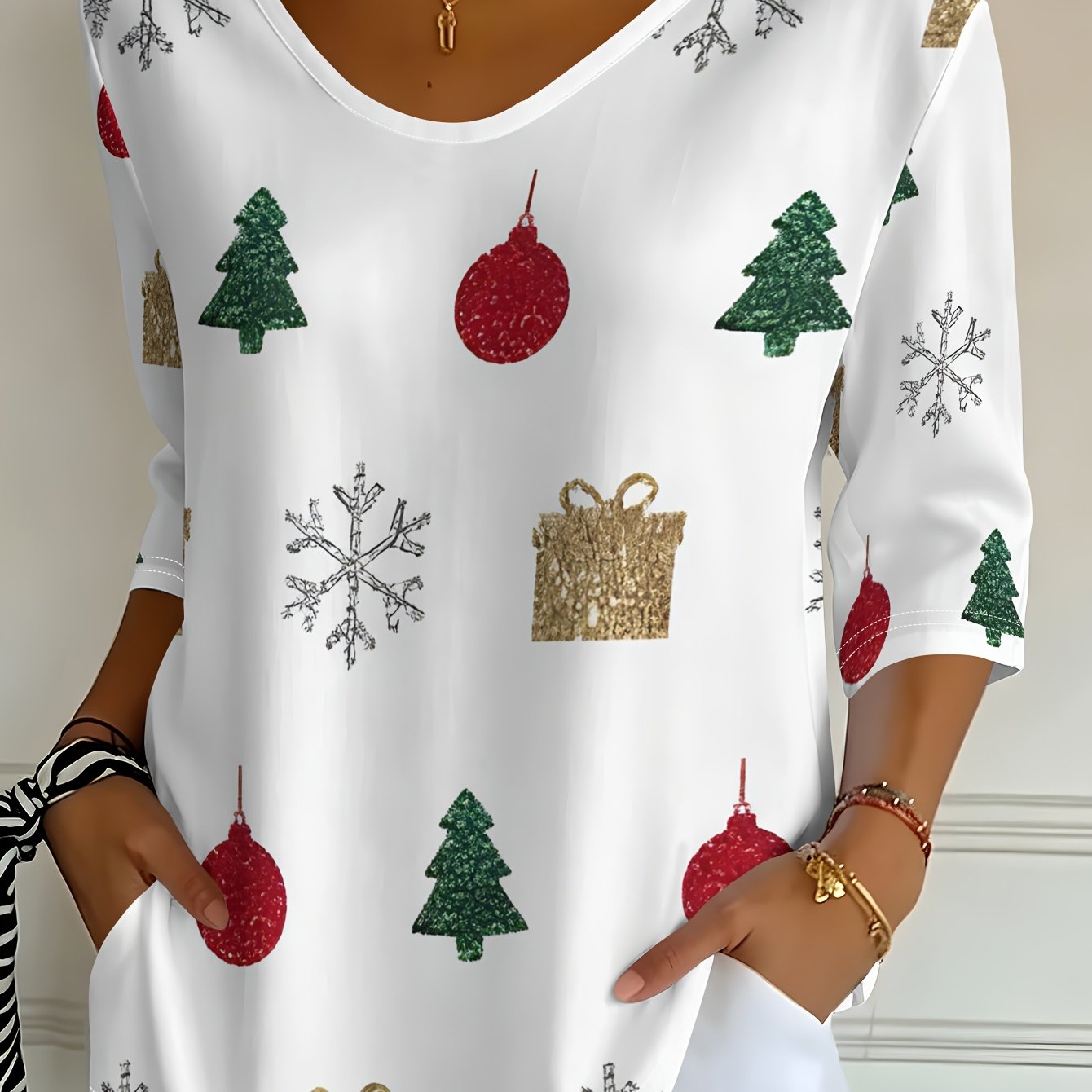 TEMU Women's Christmas Glitter Printed Design - Not Textured/2d Printing Pattern Printed V-neck 3/4 Sleeve T-shirt, Spring Autumn Casual Top