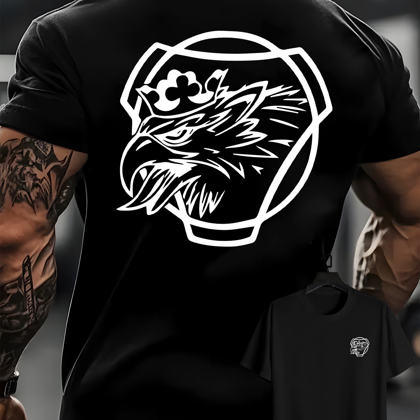 TEMU Men's Casual T-shirt Featuring An Eagle On The Front And Back, Summer Round Neck Short Sleeve T-shirt For Men, Stylish And Versatile Short