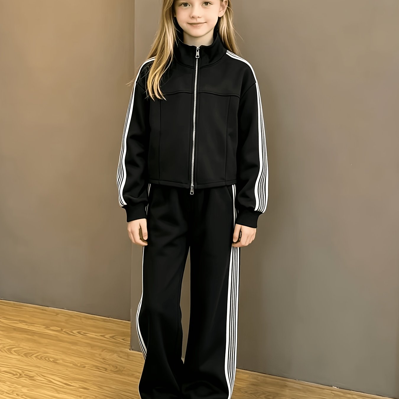 Image of Girls' 2pcs Set, Medium To Large Kids' Spring/autumn Sporty Casual Comfortable Simple And Stylish Stand Collar Zipper Cardigan + Casual Wide-leg Pants, Perfect For Outdoor