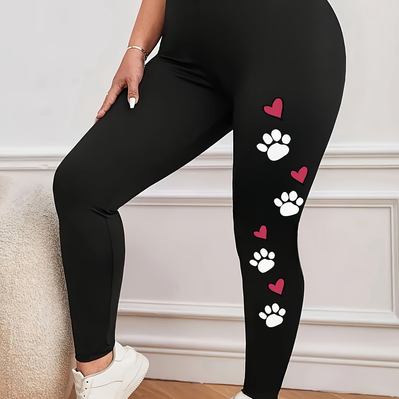 TEMU Plus Size - Plus Size - Plus Size Leggings, Women's Cat Paw Print   Heart Print Elastic High Waisted Stretch Leggings
