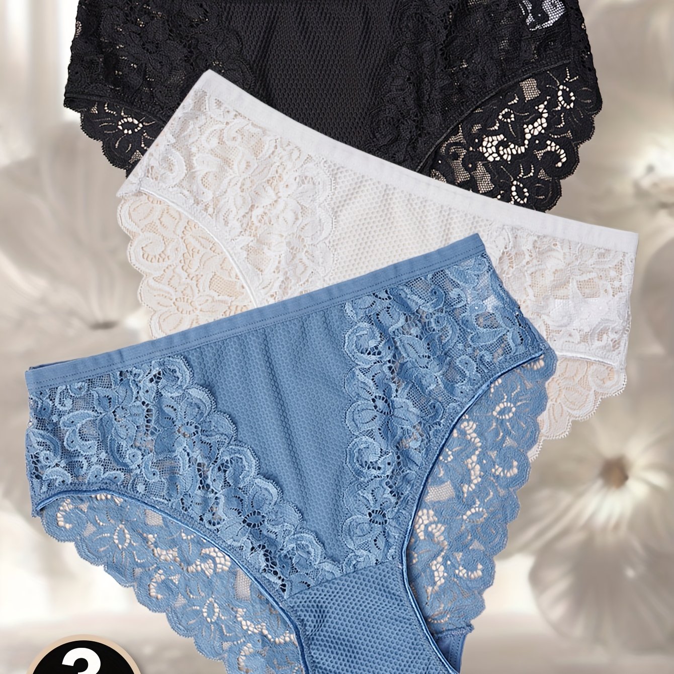 E-shop Set mit 3 Mesh-Spitzen-Patchwork-Slips mit hohlen Blumendesigns für Damen, erhältlich in Unifarben für Dessous