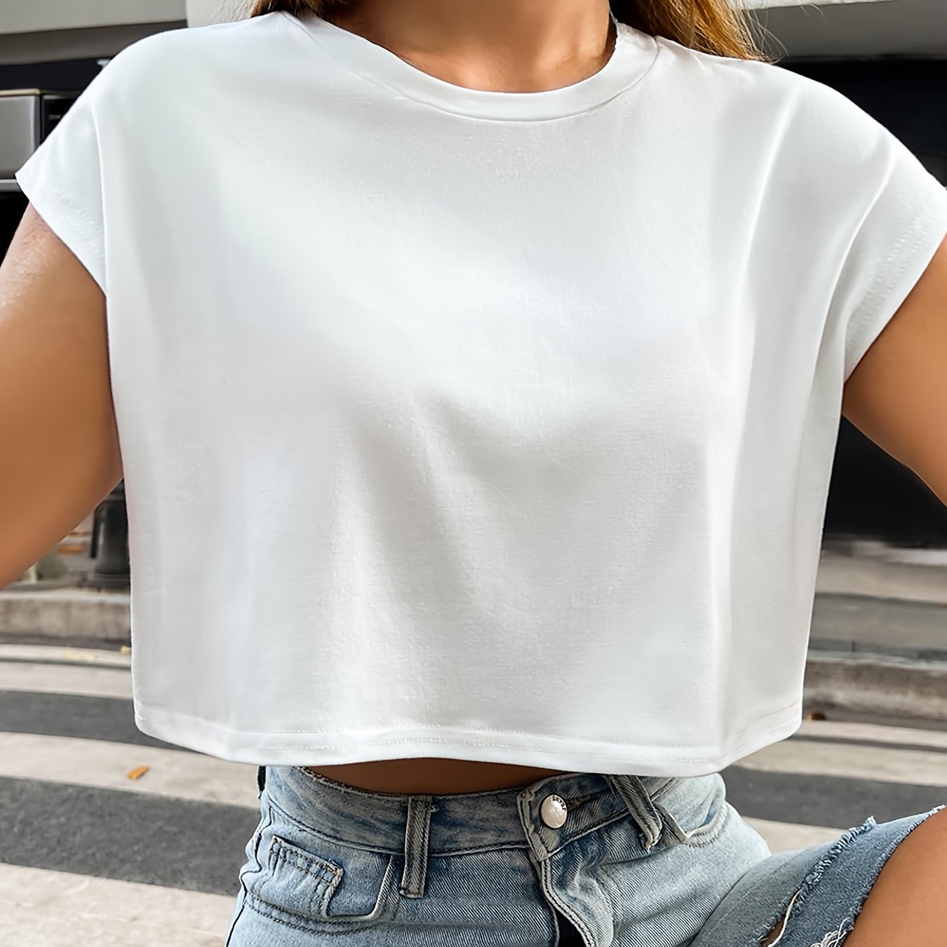 E-shop Trendiges, einfarbiges, locker geschnittenes Crop T-Shirt mit Rundhalsausschnitt, Y2K Casual Sommer Tops Damenbekleidung