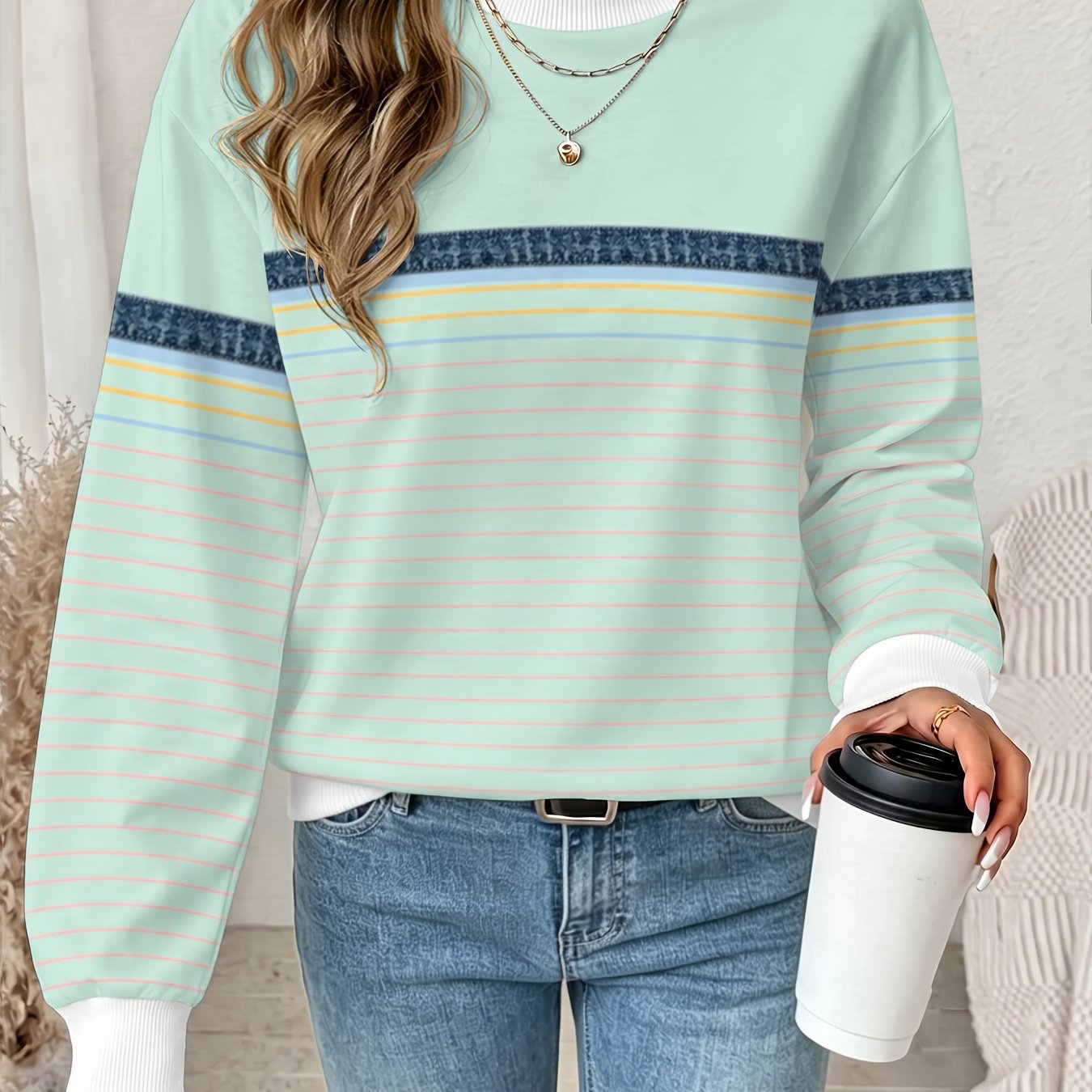 TEMU Women Lightweight Crew Neck Stripes Printed Sweatshirt Long Sleeve Casual Top For Spring Autumn