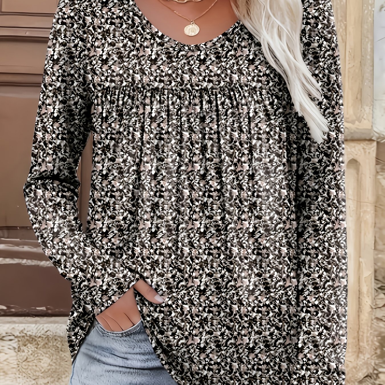 TEMU Plus Size - Women's Plus Size Elegant Long Sleeve Floral T-shirt, Pleated V-neck Top, Mid-stretch, Machine Washable, Perfect For Fall And Winter